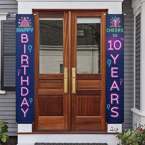 Neno Glow - Cartel de feliz cumpleaños número 10 para puerta, decoración colorida – Saludos a 10 años de edad, decoración temática de fiesta de