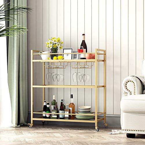Miniatura 6 de LORMITER Carritos de barra dorados de vidrio para el hogar con estante colgante para vinos, carrito de servicio de bar en casa con 3 estantes