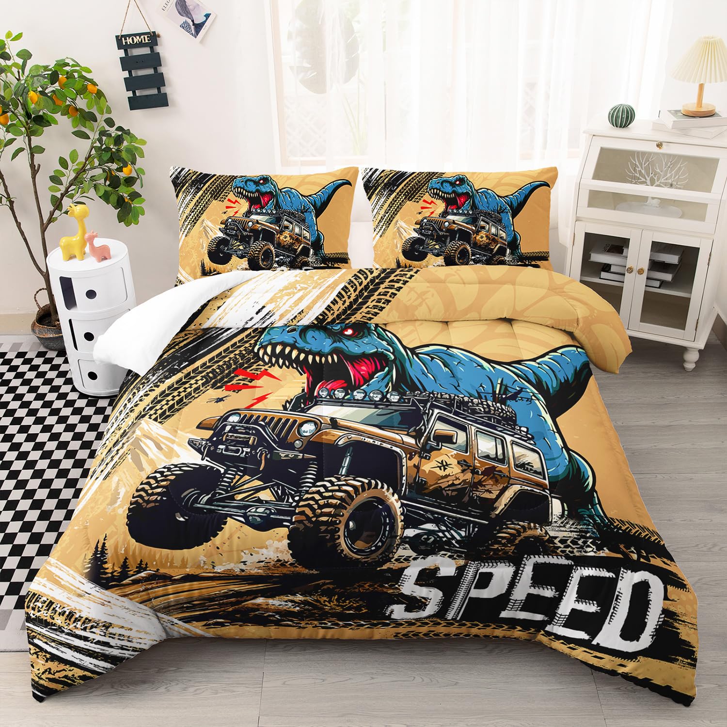 AILONEN Cartoon Monster Trucks Comforter Set Twin Size, Roaring Dinosaurs Bedding Set for Kids Boys,Extreme Sports Trucks Bed in a Bag,3 Pieces,1