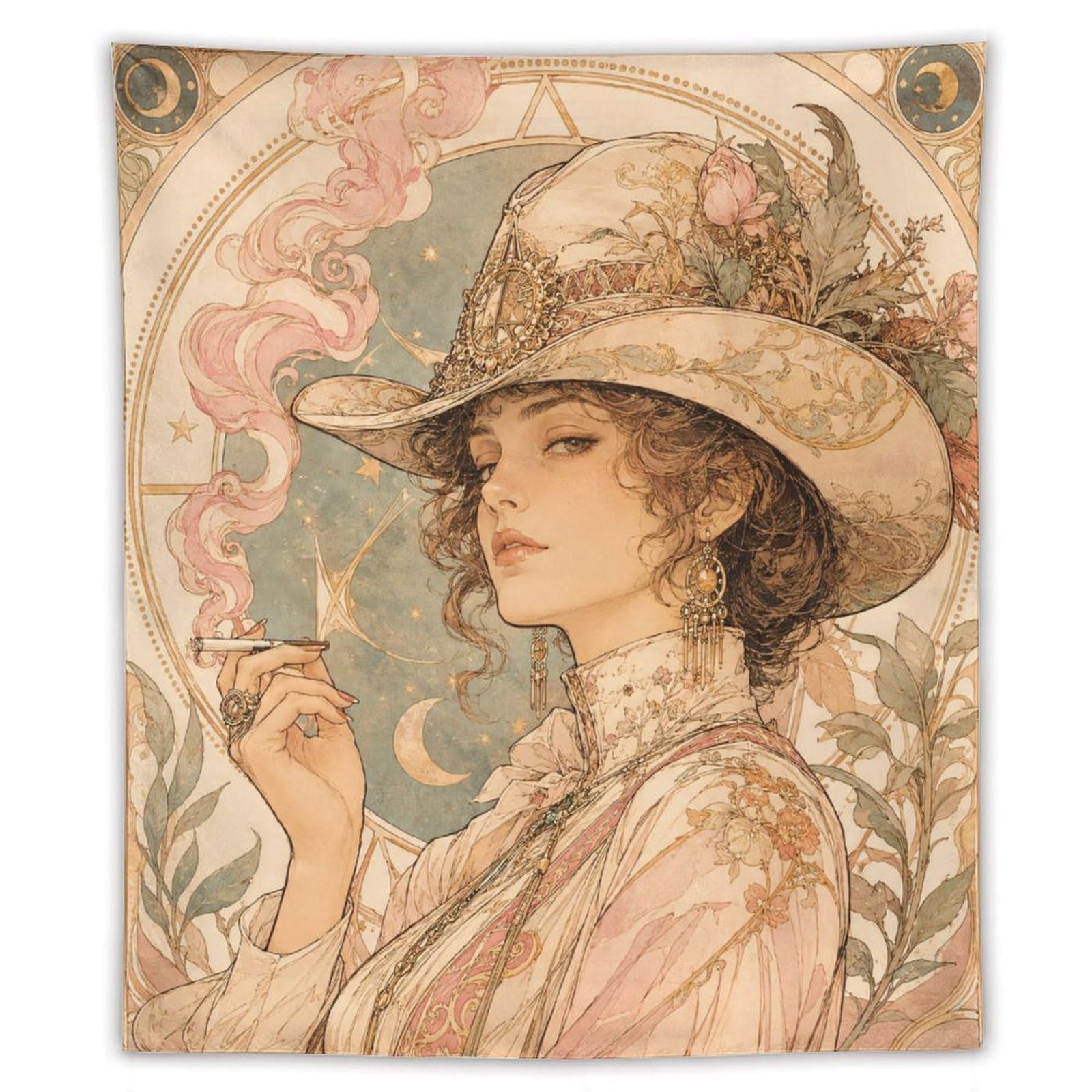 W7C8U2X3 Cowgirl with UFO Hat Wall Tapestry, Art Nouveau Style, Dorm Room