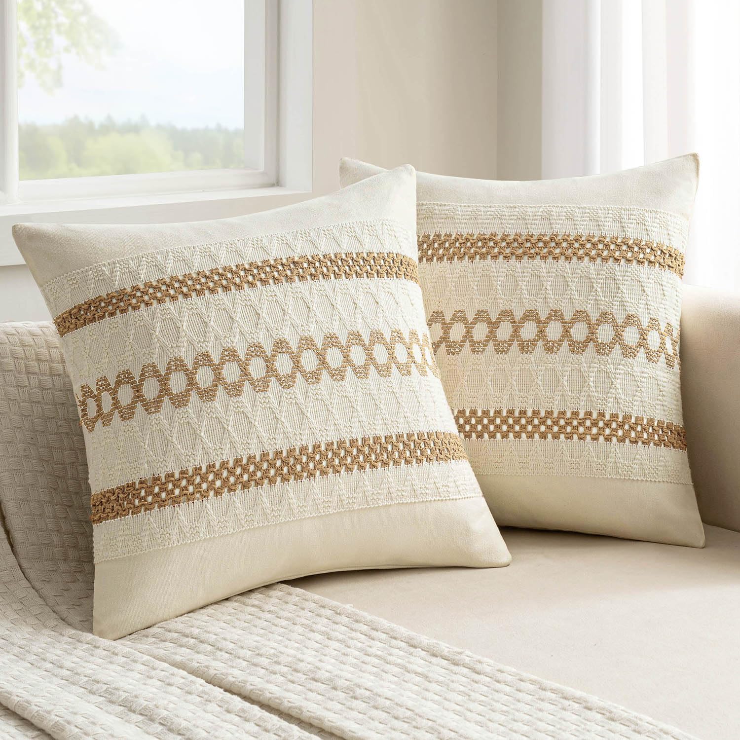 MIULEE Set of 2 Neutral Boho Decorative Pillow Covers 18x18 Inch