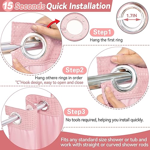 Miniatura 4 de Conbo Mio Cortina de ducha sin ganchos de tejido de gofre con forro extraíble, juego de cortinas de ducha de lujo rosa para hotel, baño con ventana