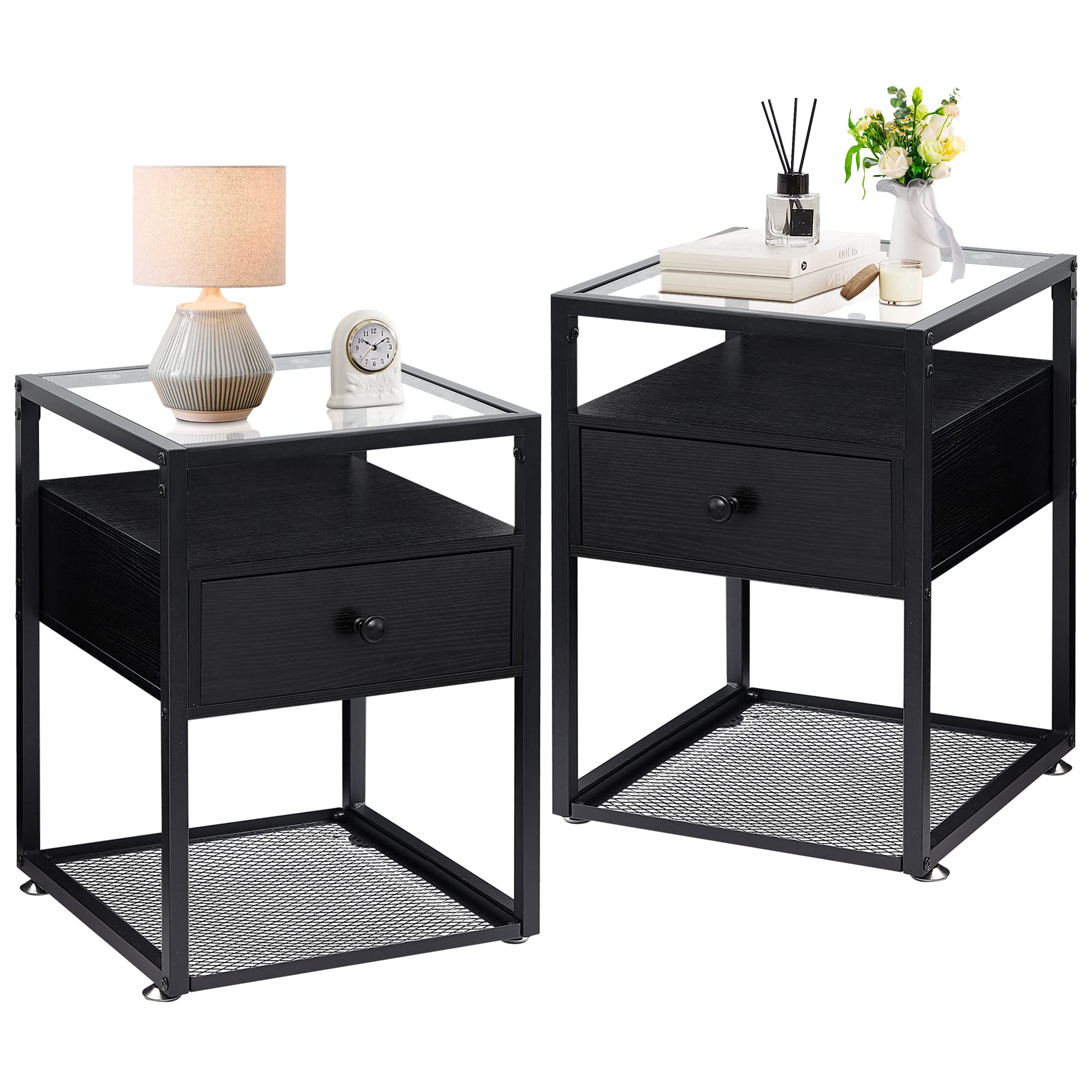 VECELO Side, Modern Nightstand Cabinet with Drawer and Shelf Decoration in Living Room Bedroom Lounge, End Tables, Black