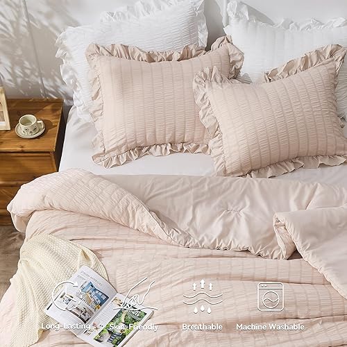 Miniatura 244 de JOLLYVOGUE - Juego de edredón tamaño queen, de 3 piezas, estilo seersucker, ligero y esponjoso para todas las estaciones, con 1 edredón con volantes