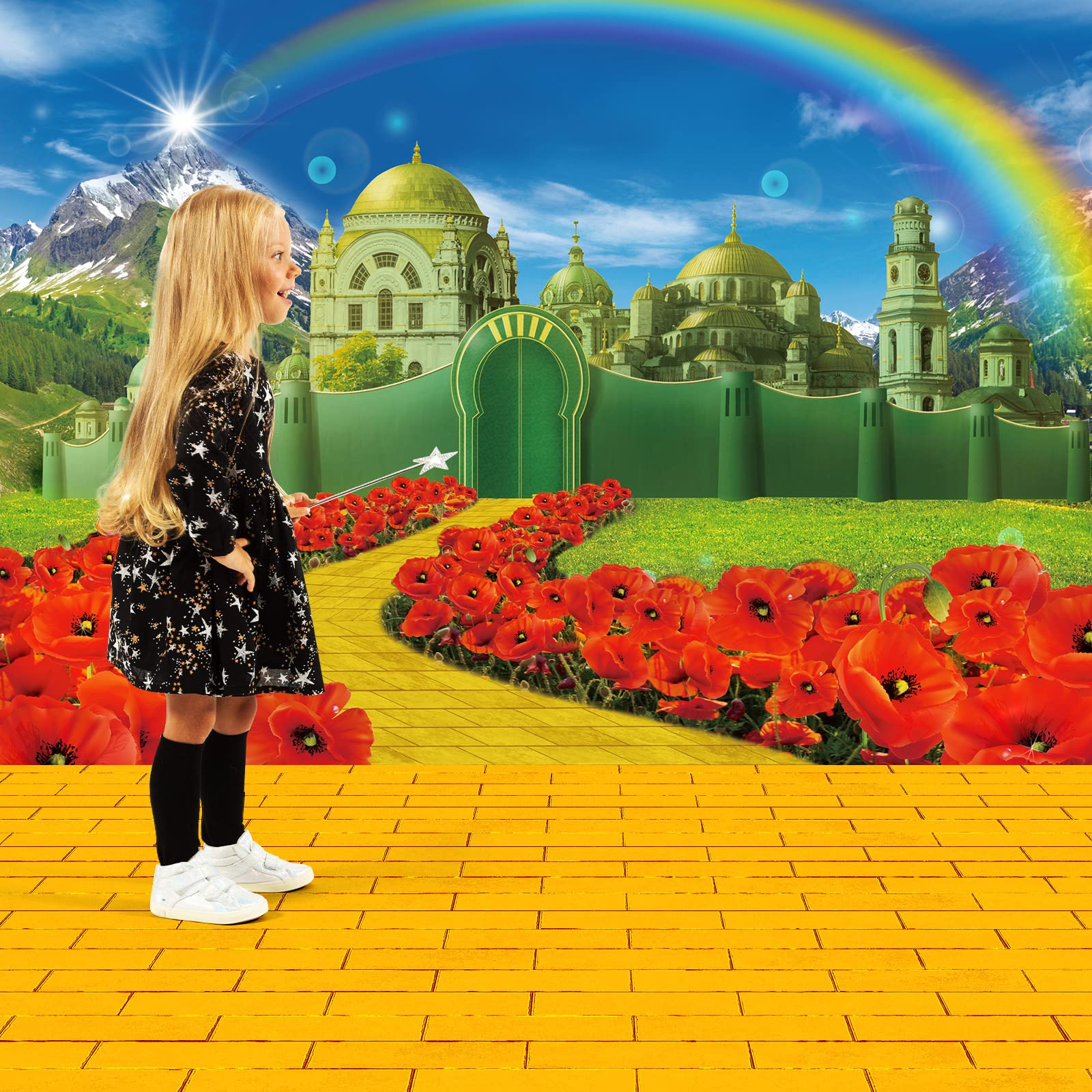 Remagr 2 Pcs Large Yellow Brick Runner And Castle Backdrop Removable Yellow Brick Floor Runner Wizard Backdrop Floral Rainbow Photography Background Princess Decorations Party Supplies