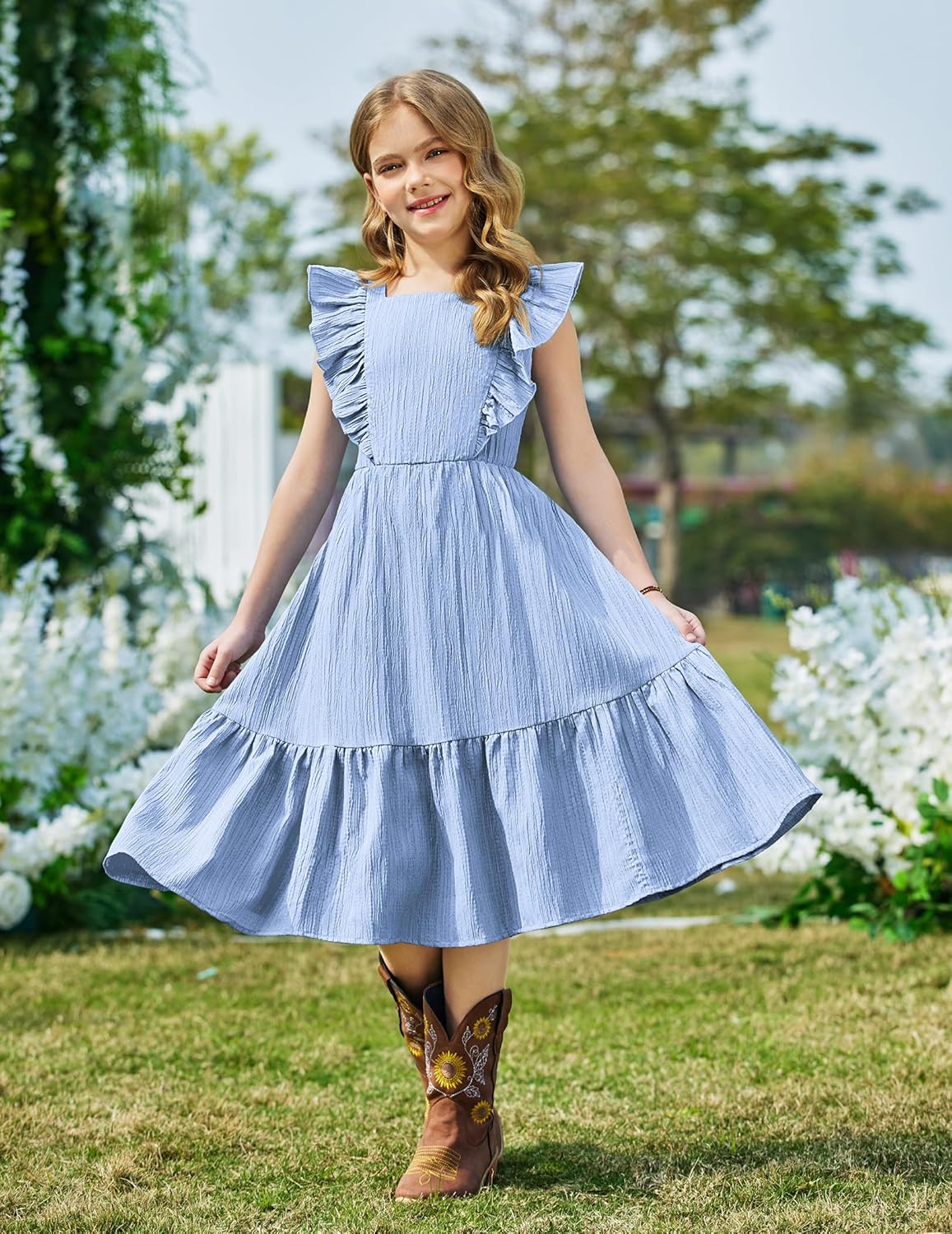 Arshiner Girls Summer Tie Back Dress Tween Boho Casual Square Neck Flutter Sleeve Maxi Dresses with Pockets - Image 3