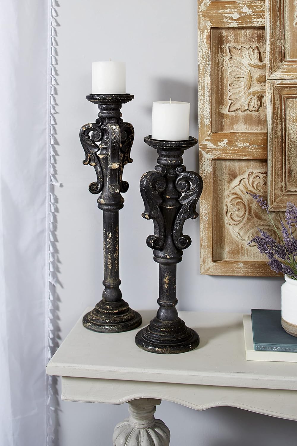 Deco 79 Set of 2 Black Wood Vintage Candle Holder, 27", 22" S/2 27", 22"H Black