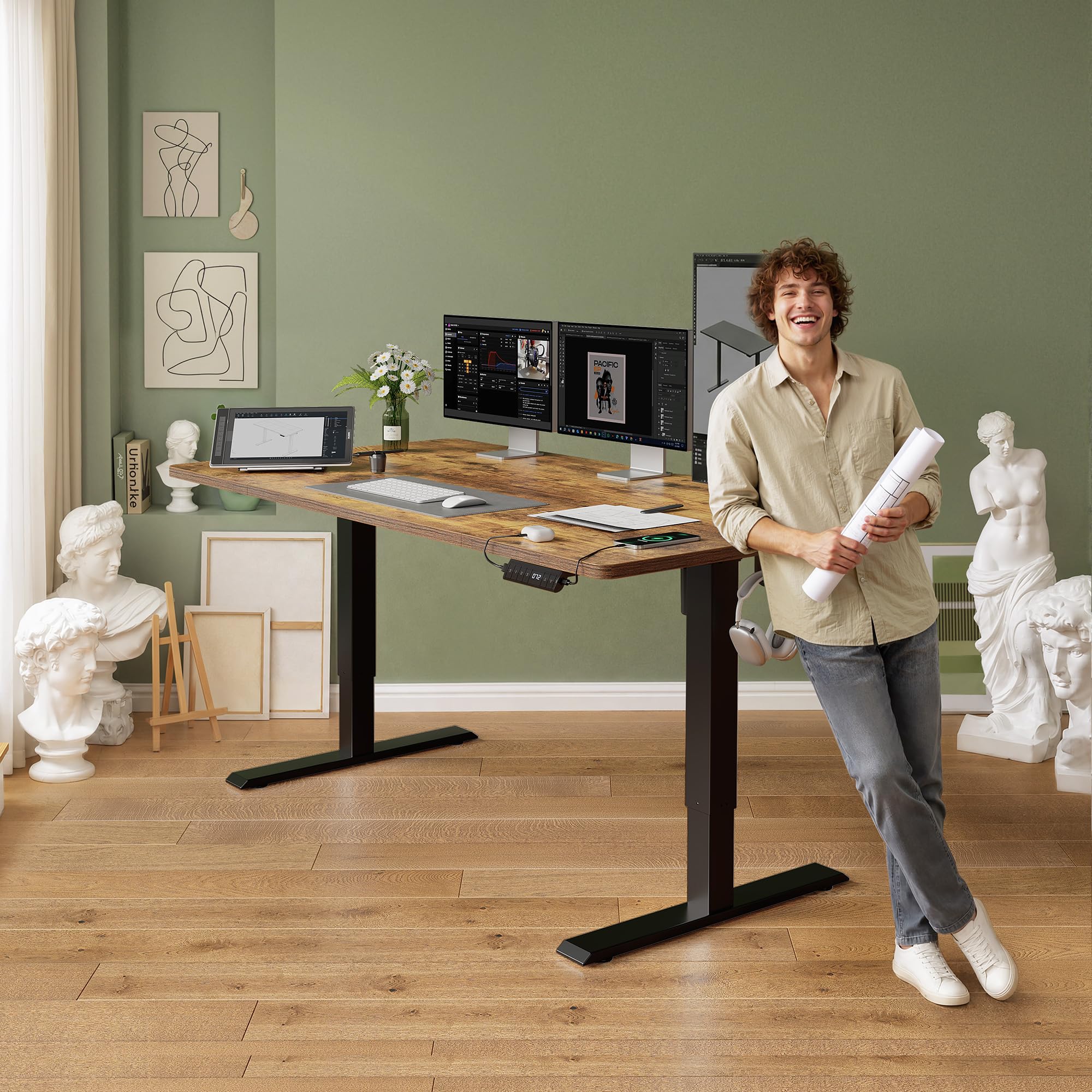 FEZIBO Höhenverstellbarer Schreibtisch mit USB-A und USB-C-Ladeanschlüssen, 160 x 80 cm Schreibtisch Höhenverstellbar Elektrisch, Ergonomischer Steh-Sitz Tisch für Heimbüro, Standing Desk, Braun