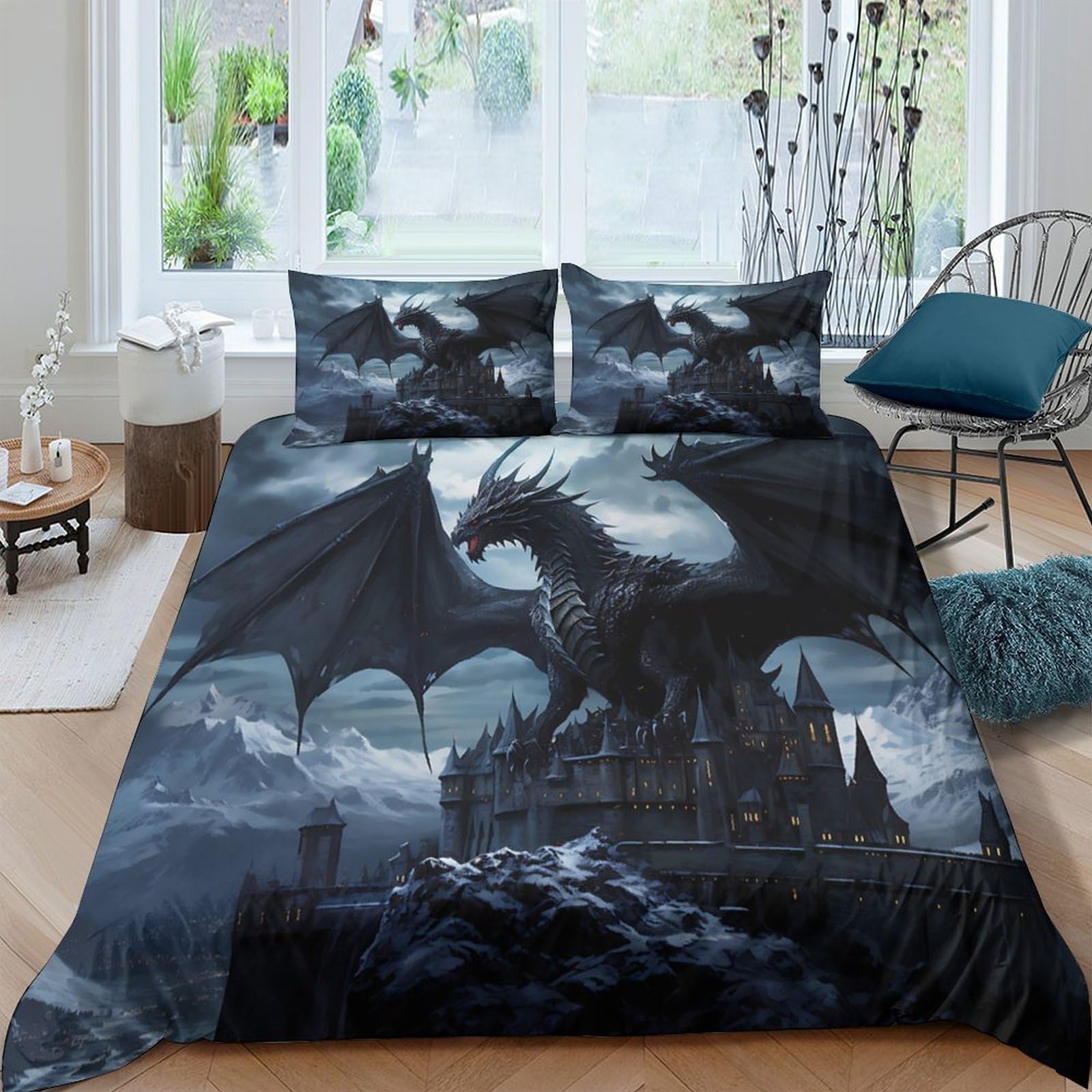 GPLZQXKJNH 3D Printed Dark Dragon Castle Duvet Cover Microfiber Soft Breathable Fantasy Bedding Set with 2 Pillowcases for Bedroom Decor Single（135x200cm）