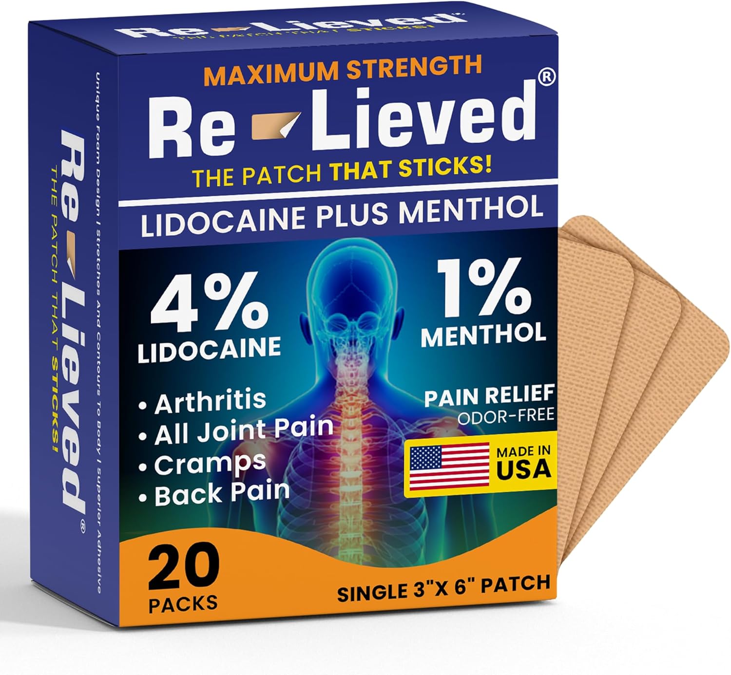 Re-lieved 4% Lidocaine & 1% Menthol Pain Relief Patches - Maximum Strength Medicated Patches for Joint & Muscle Ache - Stick-on Fast-Acting Pain Relief - Aluminum-Free, Made in The USA - 20 PCS