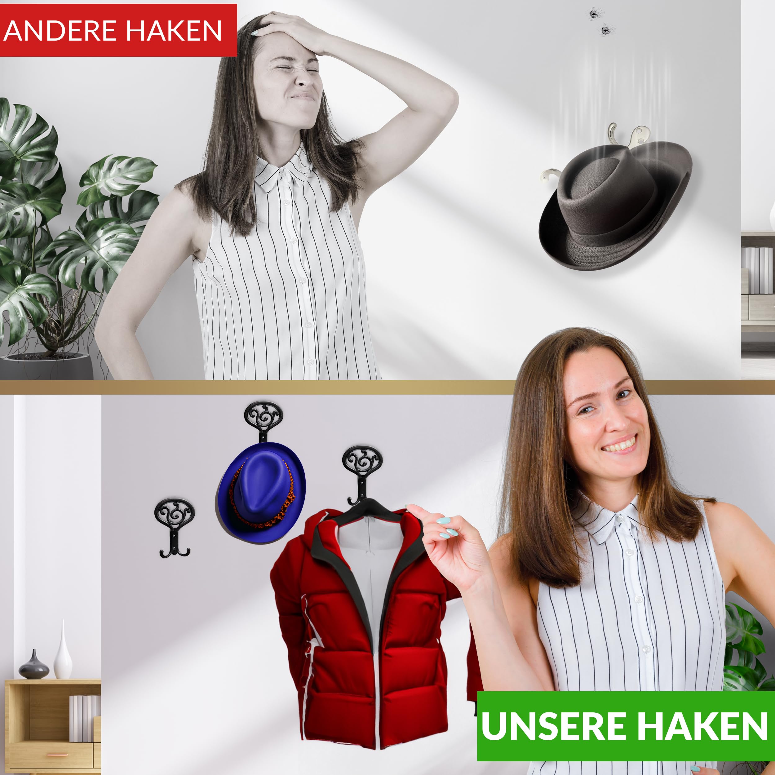 UTiLE 3 Stück Garderobenhaken Vintage Kleiderhaken Schwarz Wandhaken [Klimaneutral] Stabile Kleiderhaken Wand inkl. 12x Schrauben und 6x Dübel Retro Shabby Chick Landhaus Stil
