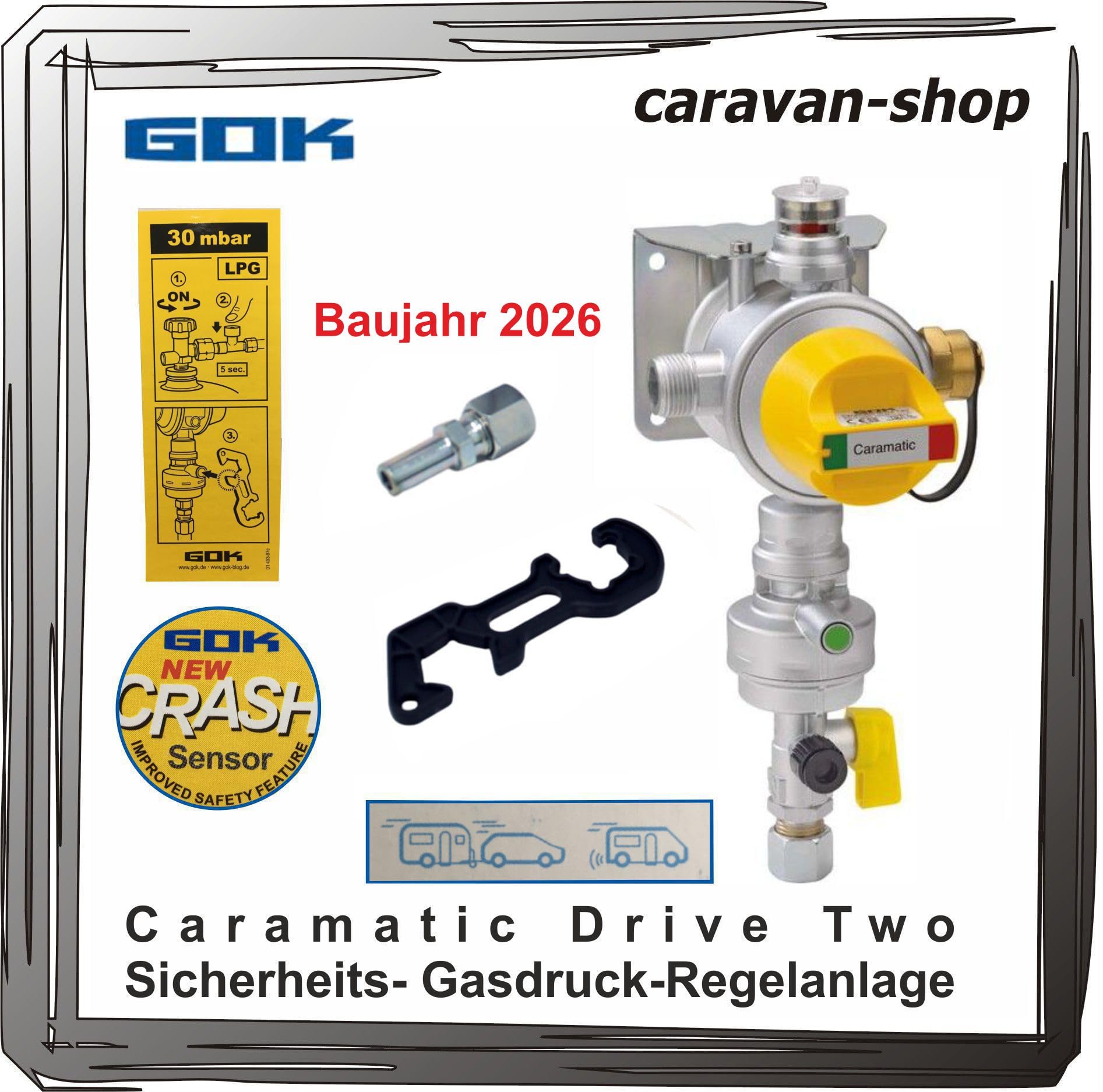 GOK Zweiflaschenanlage 30mbar Vertikal Caravan Wohnmobil Crash-Sensor Regler Gas