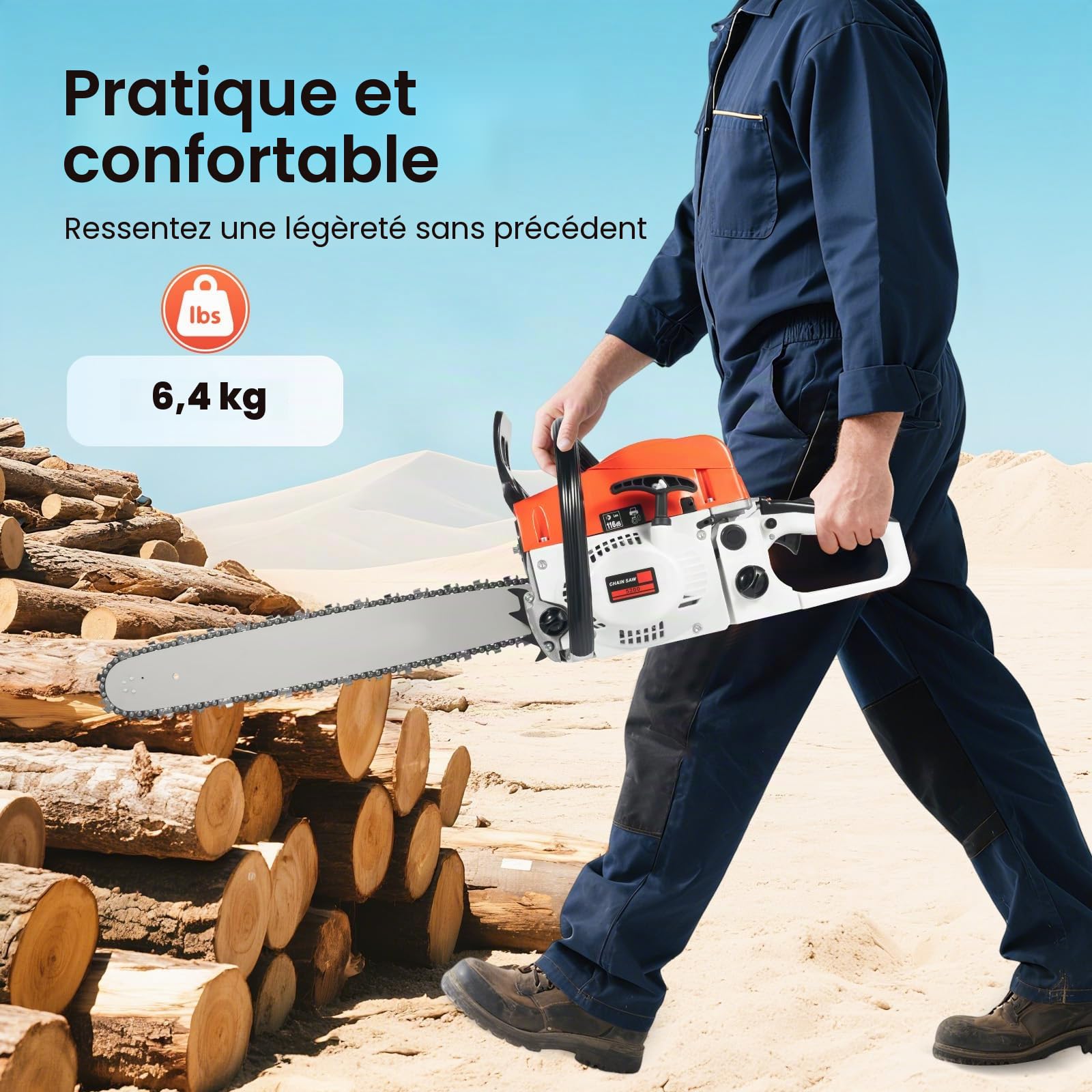 Scie à chaîne à essence, moteur 2 temps 52cc, avec longueur de lame de 51cm et démarrage facile, lubrification automatique de la chaîne idéale pour le bois de chauffage, l'élagage des arbres et