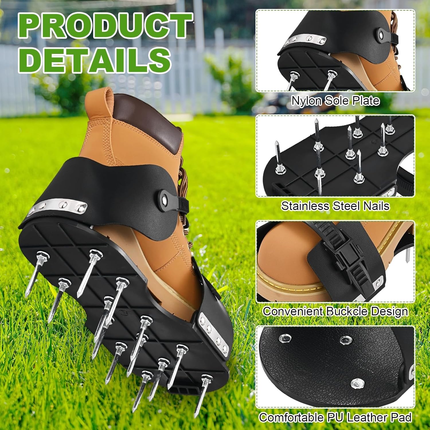 M METERXITY 1-Set Lawn Aerator Shoes Aerator Shoes with Loop Strap and Hook Buckle with 26 Nails 5cm Lawn Soil Aeration Shoes for Patios/Gardens/Yards [Black]