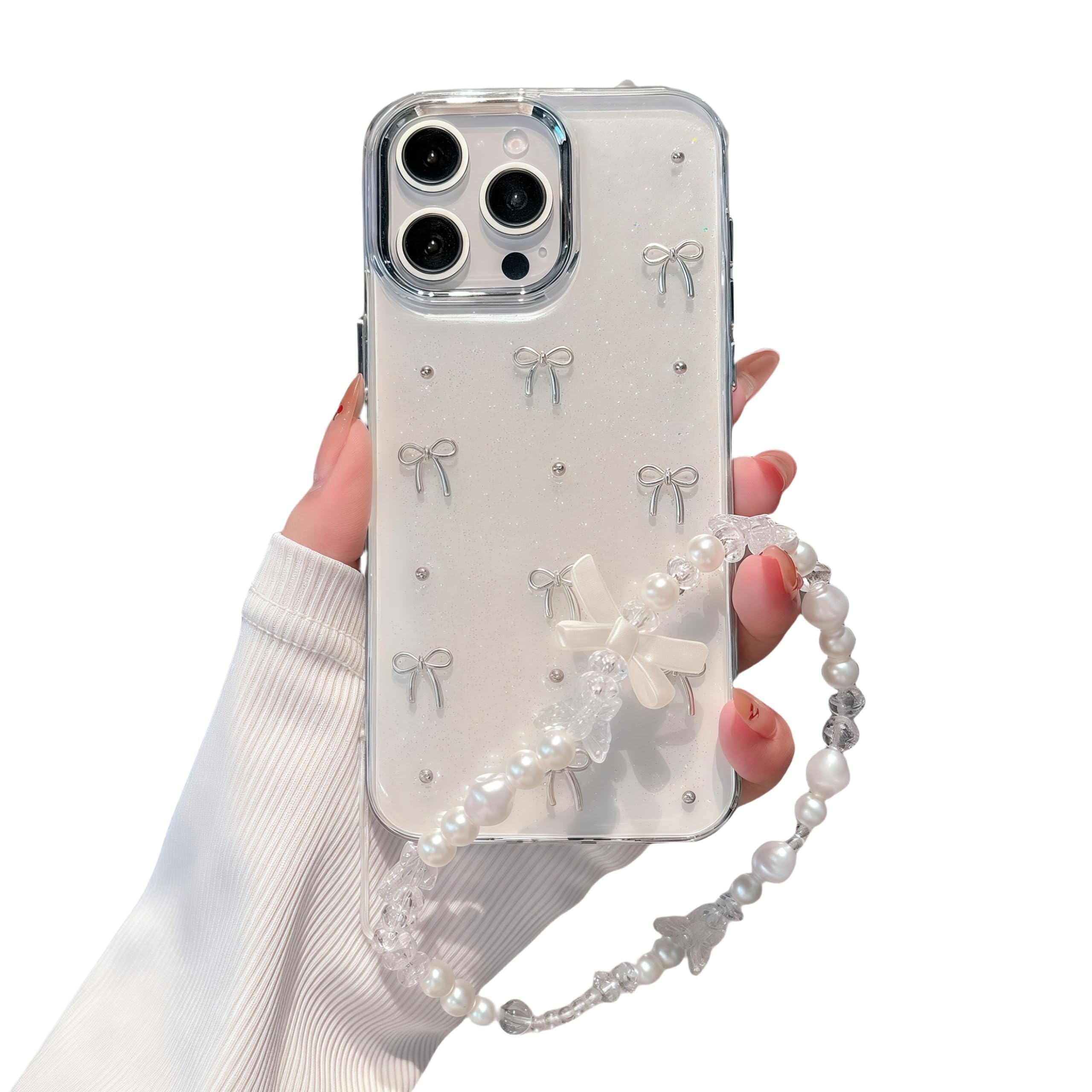 Pretaco for iPhone 13 Case, [Premium 3D Silver Bow Pattern] [Transparent Creative Case] [2-in-1 Beaded Wrist Strap] Soft TPU Shockproof for Women and