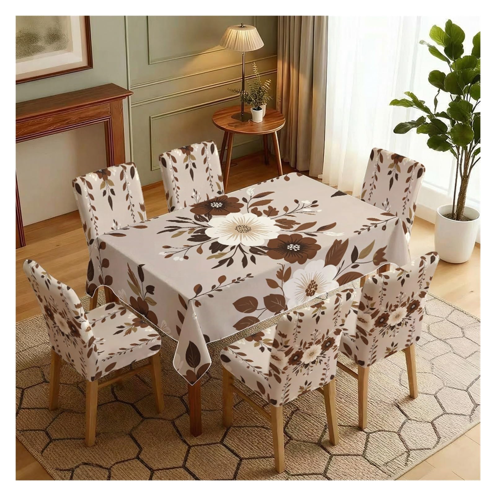 KXUAUV Boho Brown Floral Print Tablecloth & Chair Covers Set, Slipcovers For Dining Room, Kitchen, Farmhouse & Casual Decor, 5/7 Pack Party Decor(7pcs Set: Tablecloth+Chair Covers)
