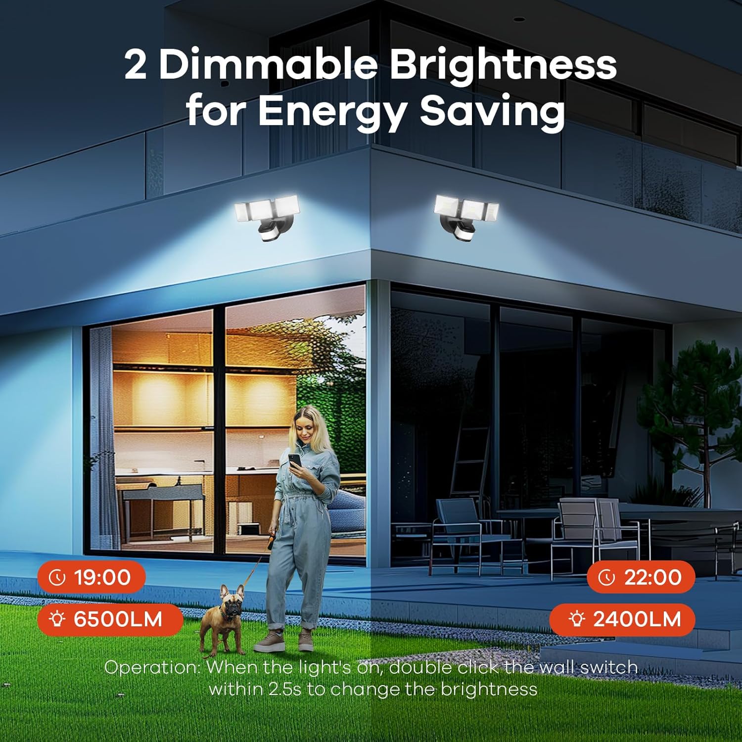 OREiN Motion Sensor Outdoor Flood Light 42W 6500LM, Super Bright LED Security Light, Dusk to Dawn/Auto/Manual Modes, IP65 Waterproof Hardwired Floodlight for Yard, Garage, Porch, Driveway