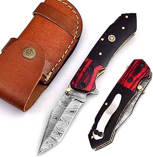 Handmade Damascus pocket knife with Clip leather sheath | Liner Lock Sharp Damascus Steel Blade Tanto Folding Pocket knives for Men, Women, Hunting, Fishing, Camping, Hiking, Outdoor | Wood Handle Belt knife with Horizontal,Vertical Carry sheath, Overall 8'' , Blade 3.5 Inches, Handle 4.5 Inches, 1332 - DAMASK HUT