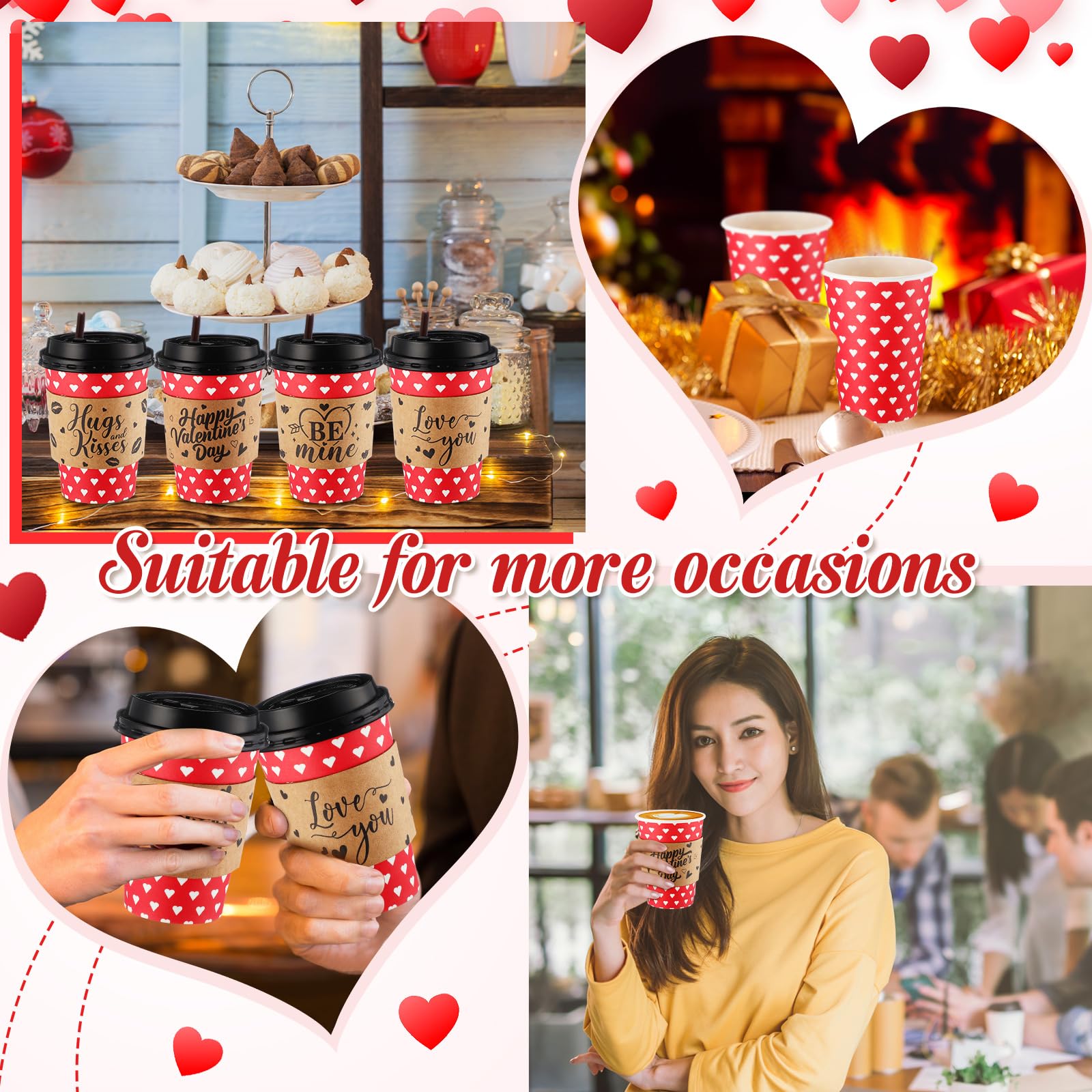 Layhit 100 tazze da caffè per San Valentino, bicchieri di carta usa e getta, con coperchio, maniche e cannucce per mescolare, per inverno, San Valentino, cioccolata calda, forniture per feste