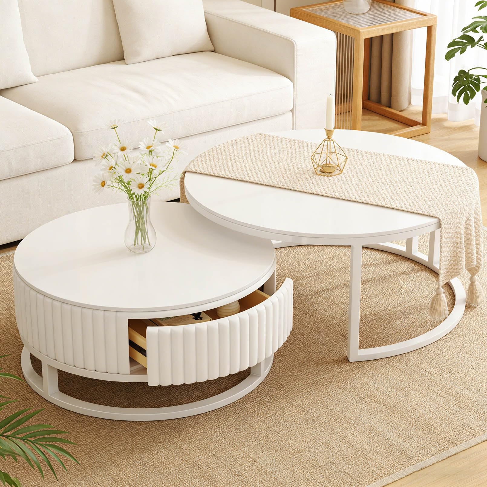 Mesa de centro redonda blanca con almacenamiento