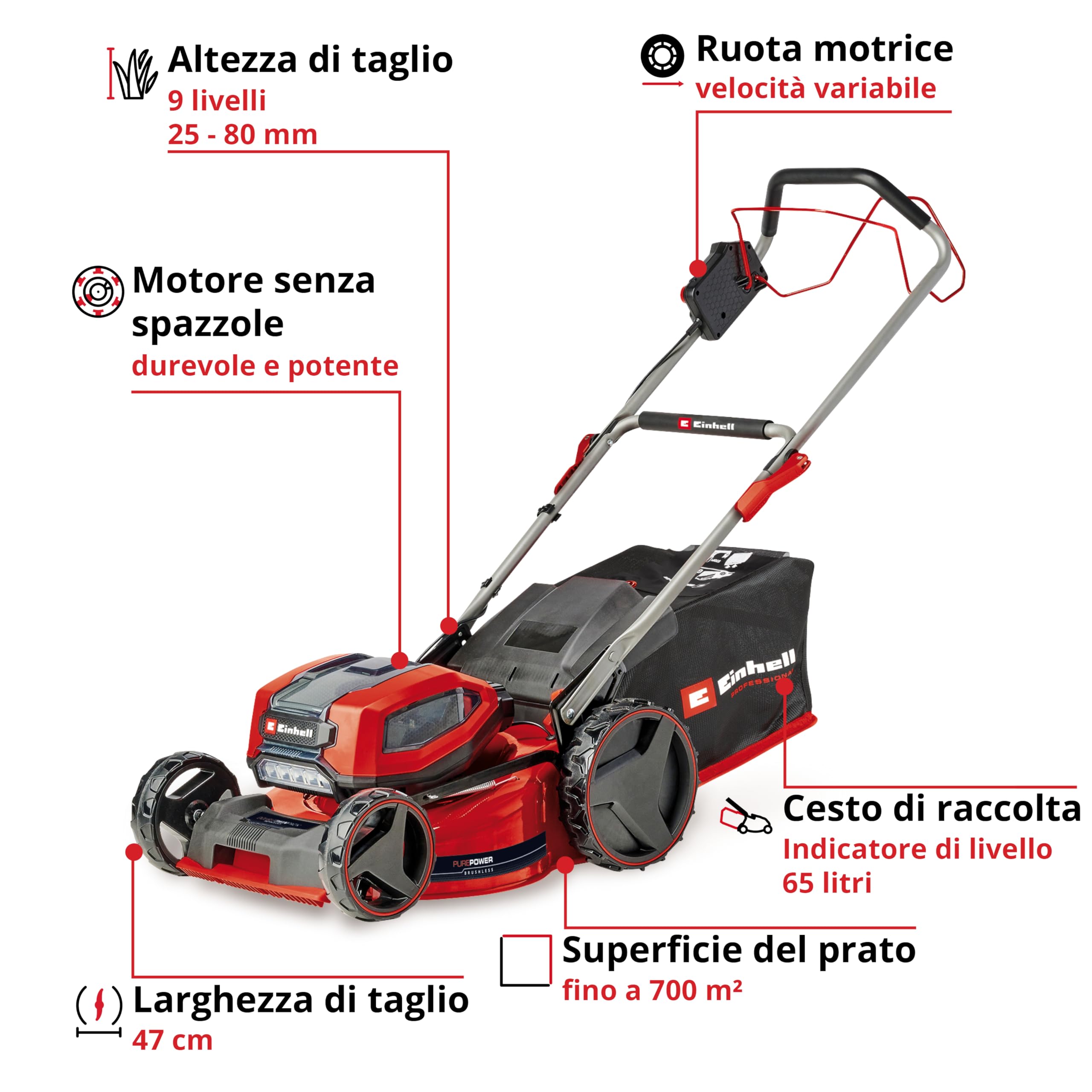 Einhell tosaerba GP-CM 36/47 S Li BL Kit Power X-Change (36 V, larghezza di taglio 47 cm, fino a 700 m², Brushless, cesto da 65 litri, ruota motrice, incl. 4 batt. da 4,0 Ah + 2 Twincharger)