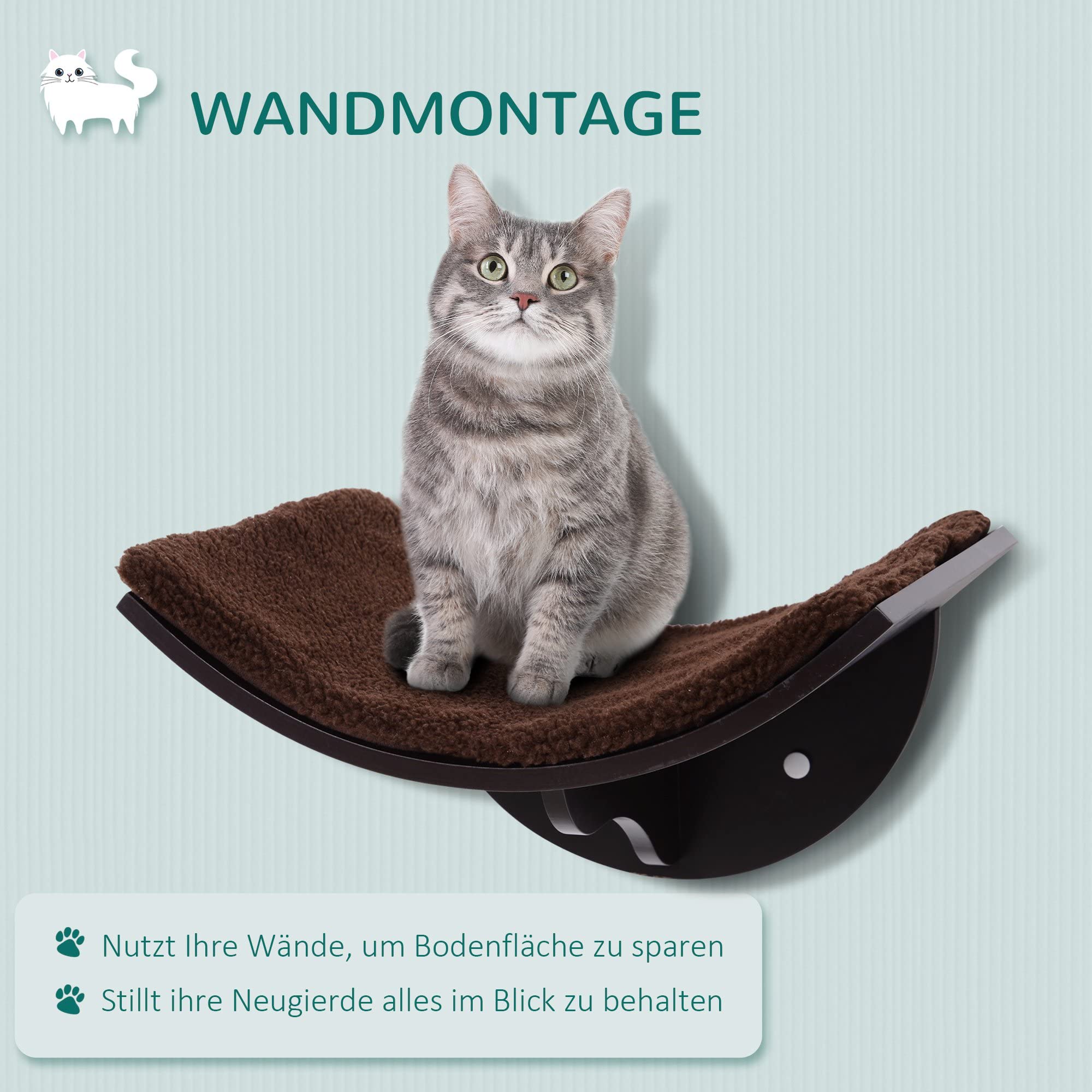 PwaHut Kletterwand Katzen Katzen Kletterwand Katzenregal, Wandmontage Plüschauflage, Wand Katzenmöbel bis zu 4,5 kg, Braun
