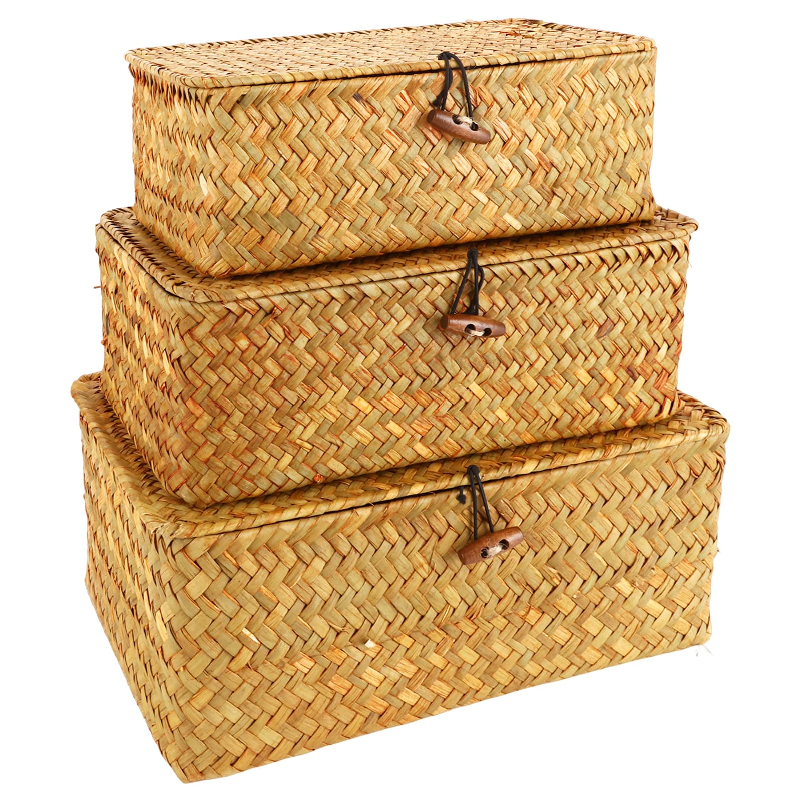 APACALI 3 Pezzi Cestino in Rattan, Cesto Rettangolare in Crine Vegetale con Coperchio, Cesto Naturale Intrecciato in Crine Vegetale, Cestini in Vimini per Scaffali, Organizzazione in Crine Vegetale