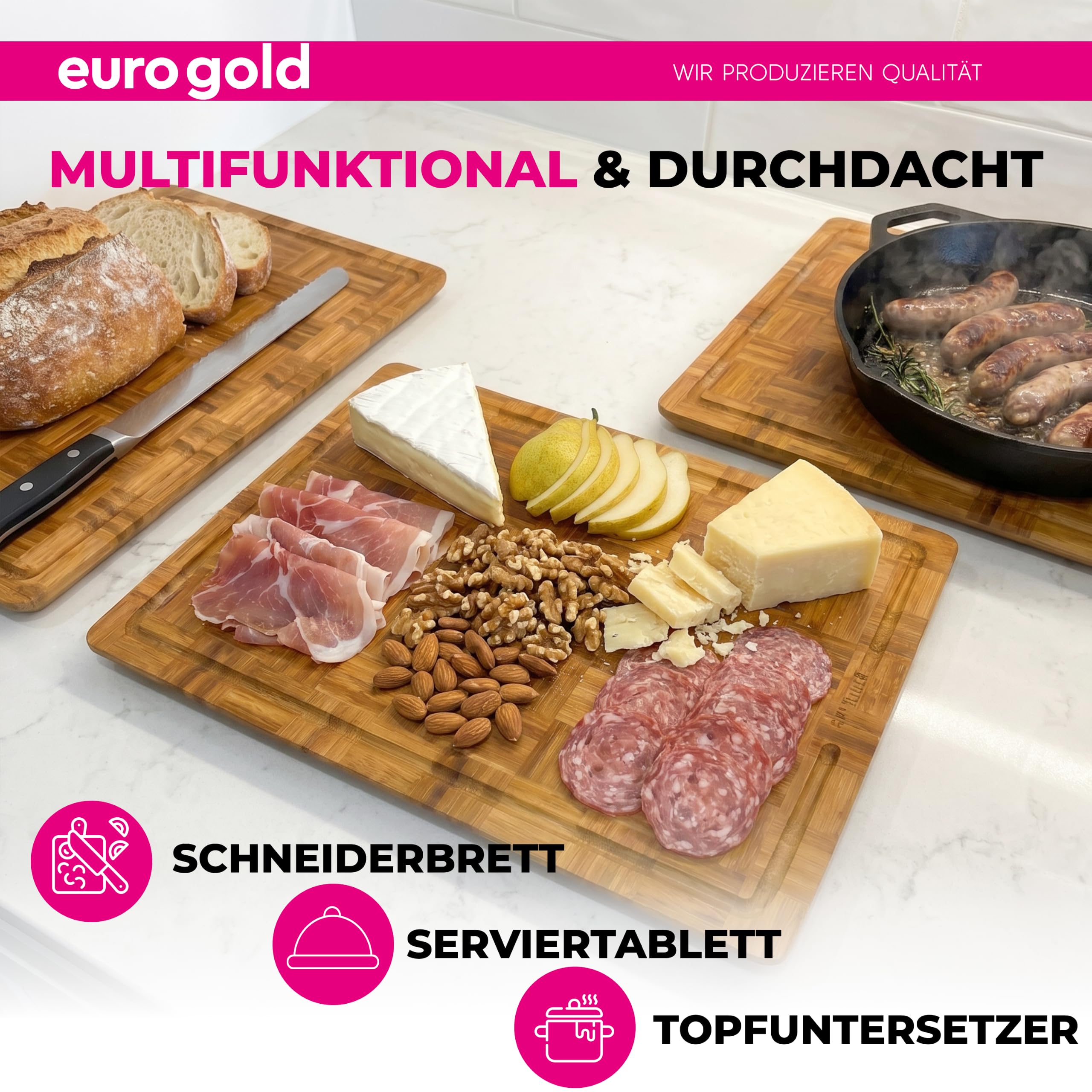 EUROGOLD XL-Großes Bambus Schneidebrett 50x35 cm mit Saftrille