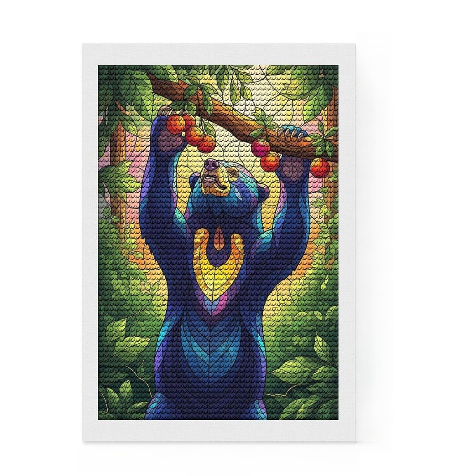 Junmoney Stained Glass Style Bear Reaching Fruit Diamond Painting Set 8"x12", for Family Craft Time, Fun Craft Experience, Modern Decor, Christmas Gift