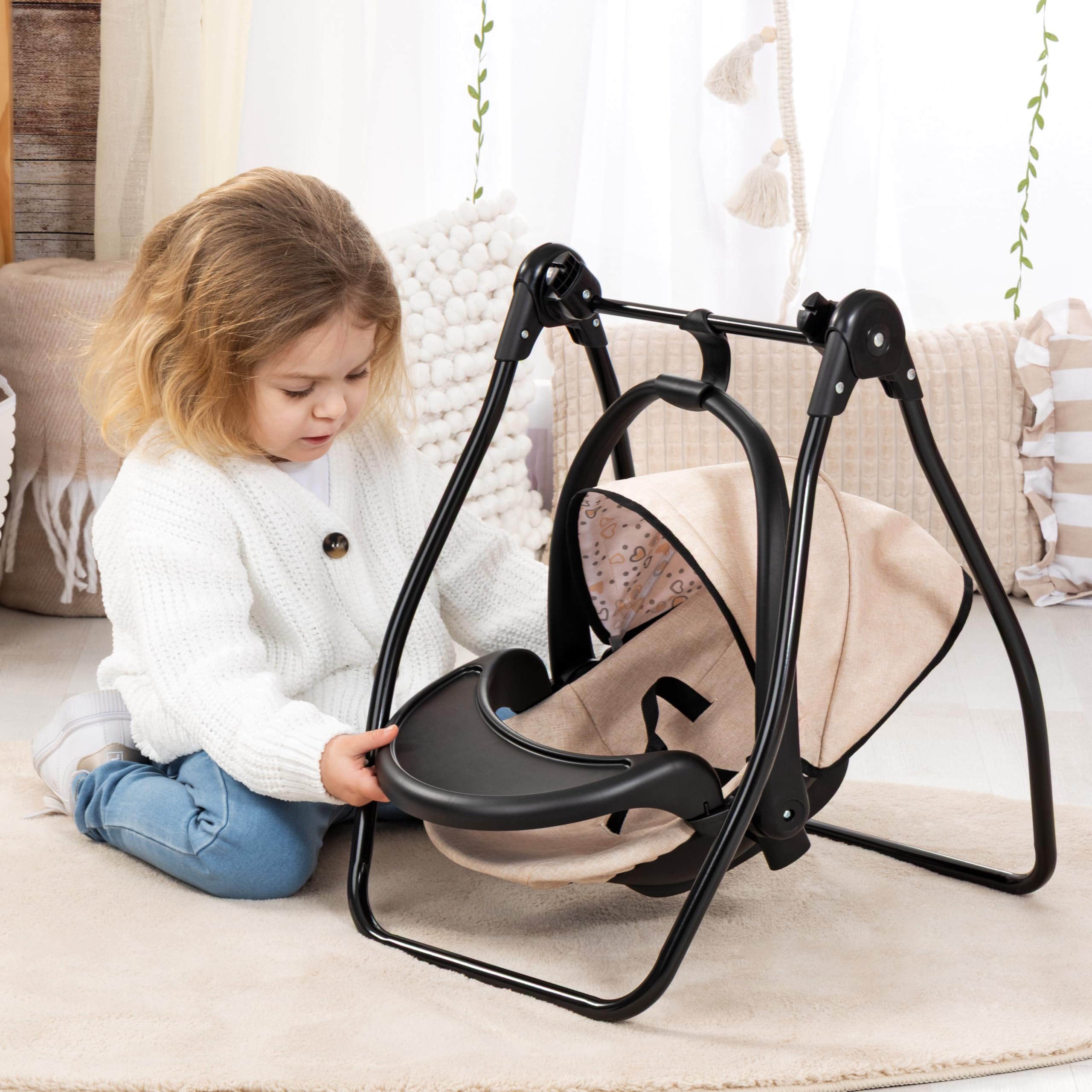 Bayer Design Accesorios para muñecos Set 4 en 1, Trona, portabebés | cama y columpio para muñecas, múltiples juegos de rol, a partir de 3 años