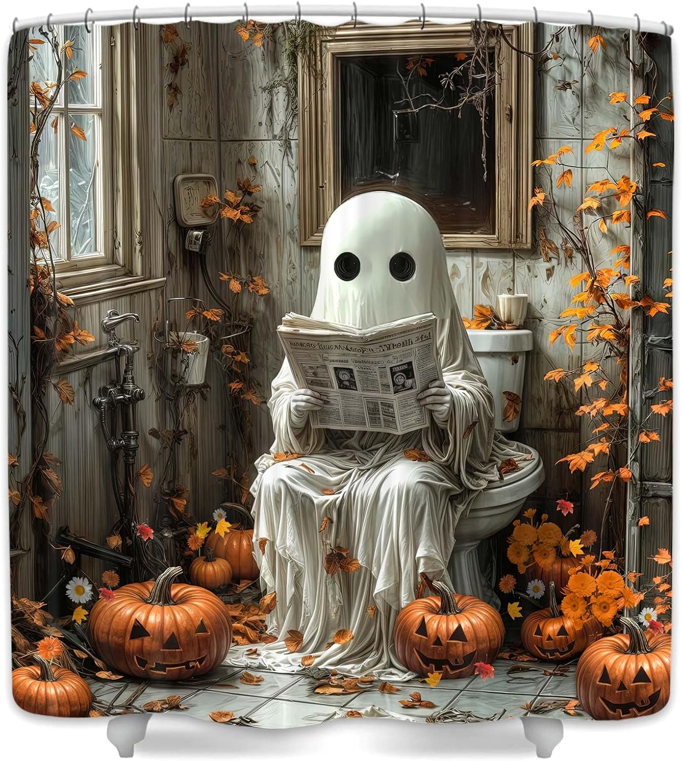 Funny Halloween Ghost Shower Curtain, Fancy Humor Ghost Sitting on Toilet Reading Newspaper Shower Curtains Set, Fall Pumpkin Print Waterproof Bath Curtain Bathroom Decor Set Vintage Gothic Horror