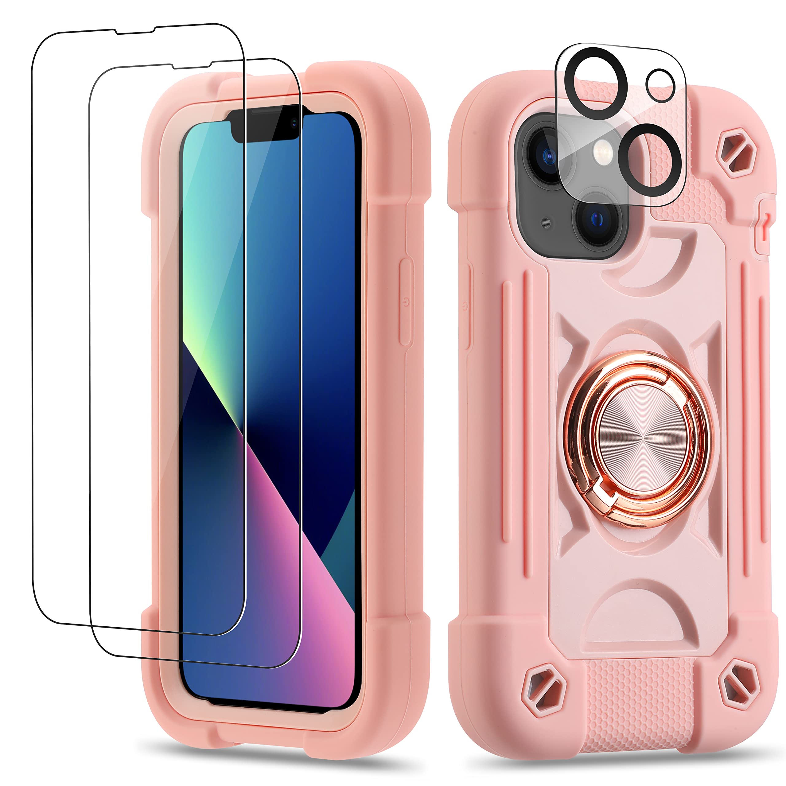 Cookiver for iPhone 13 mini/iPhone 12 mini Case 5.4 Inch with Ring Stand, with 2 Pack Glass Screen Protector + 1 Pack Camera Lens Protector,Heavy-Duty Military Grade Cover (Pink)