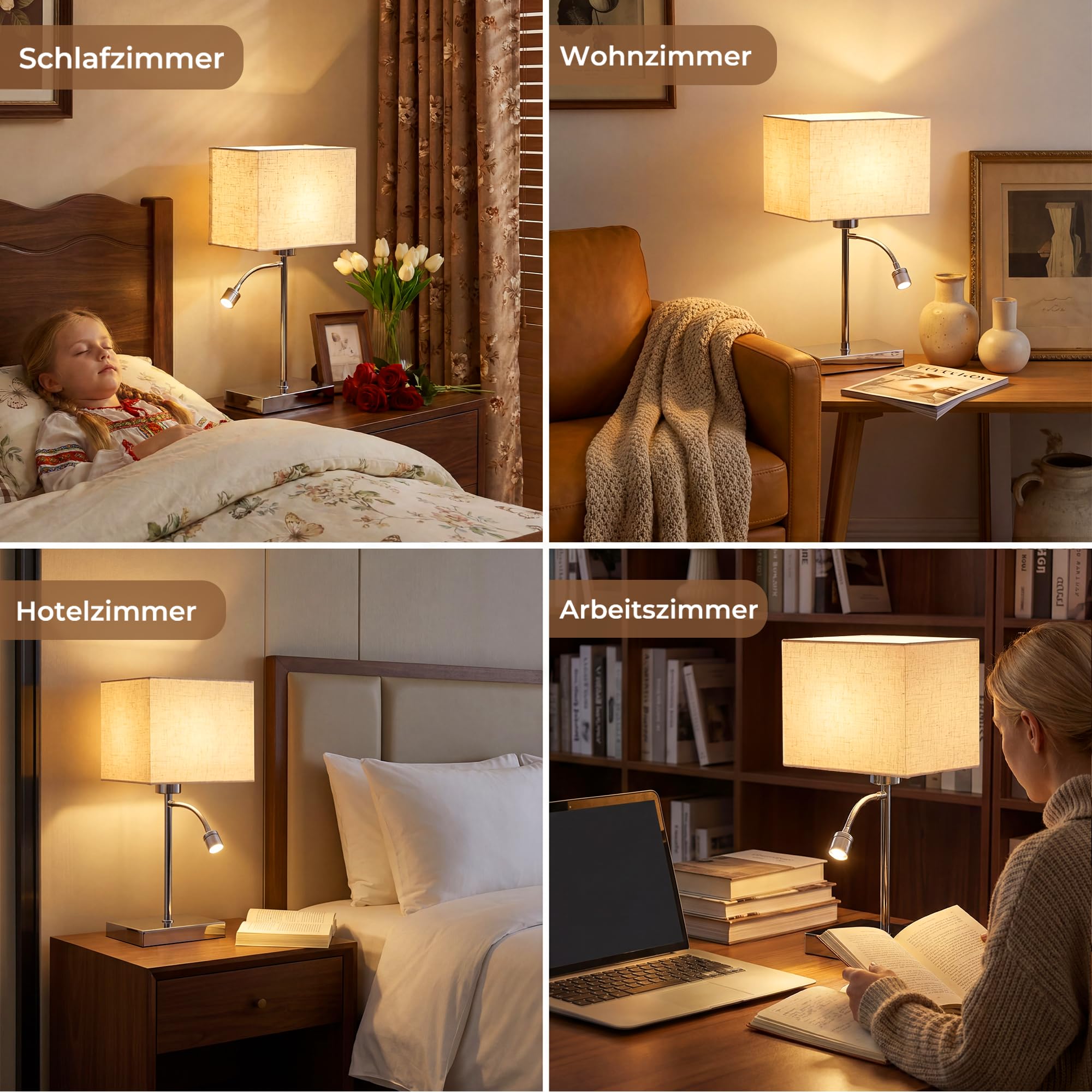 ZMH Lampada da tavolo con cavo, lampada da comodino a LED, E27, design moderno con paralume in tessuto, orientabile a 360°, interruttore separato, lampada da comodino in metallo, per camera da letto