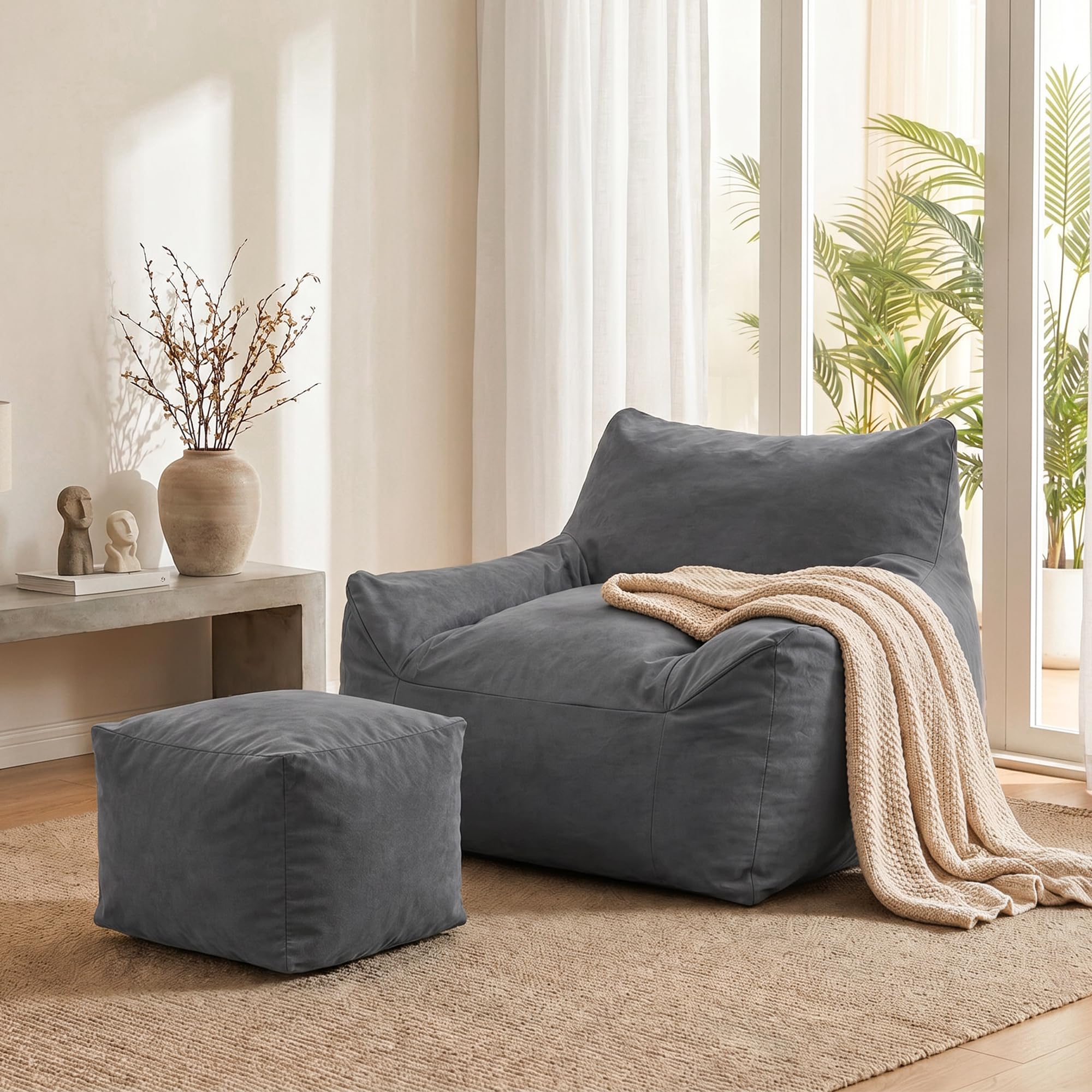 Pamapic Sitzsack XXL Wasserfest Erwachsene Indoor Outdoor mit Hocker Füllung Seitentaschen Polyester Dunkelgrau