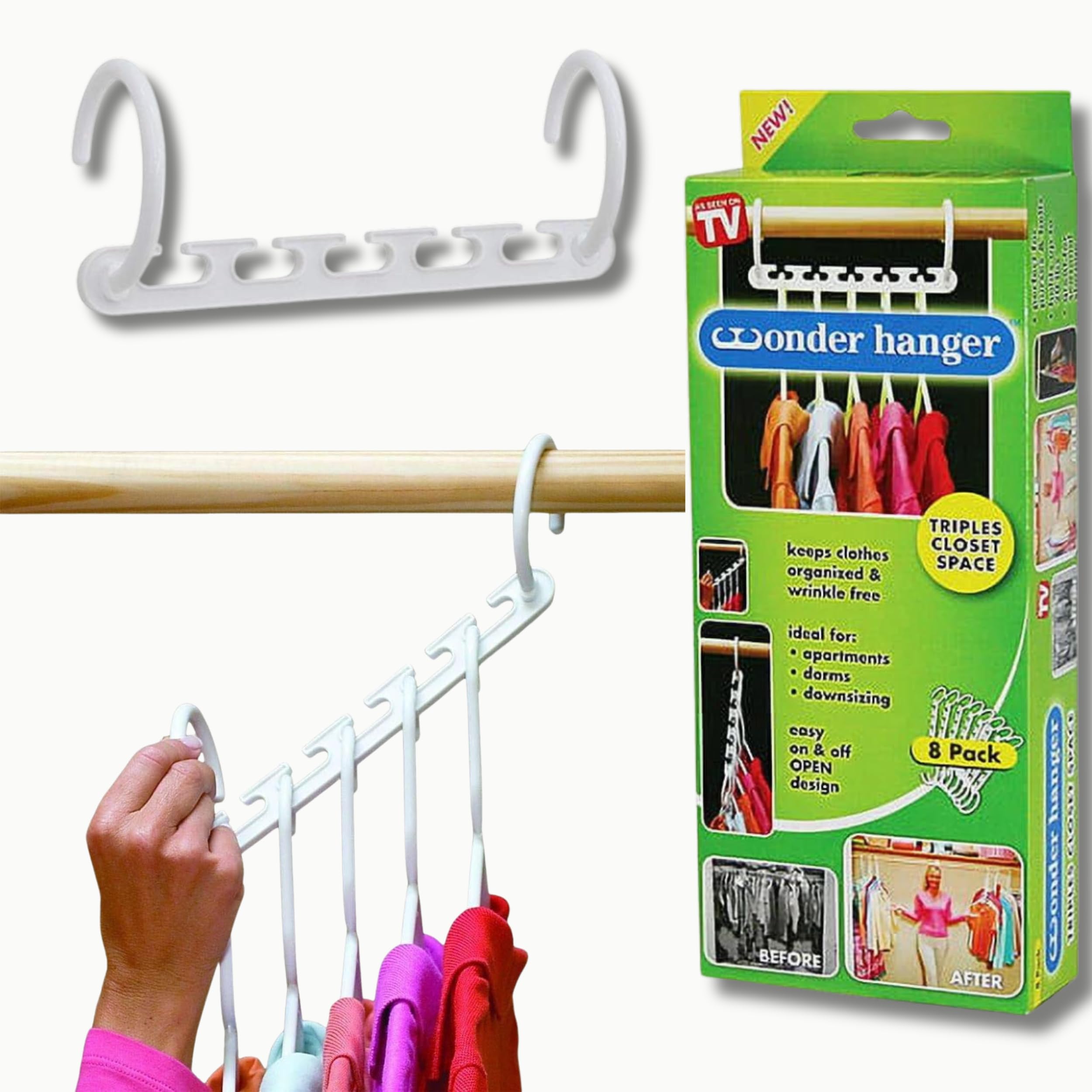 Glamified , Glam White Clothes Hanger Space Saver Wonder Plastic Magic Closet Clothes Organizer Hook, Magic Hanger, Set Of 8 Space-Saving Coat Multifunctional Hangers,
