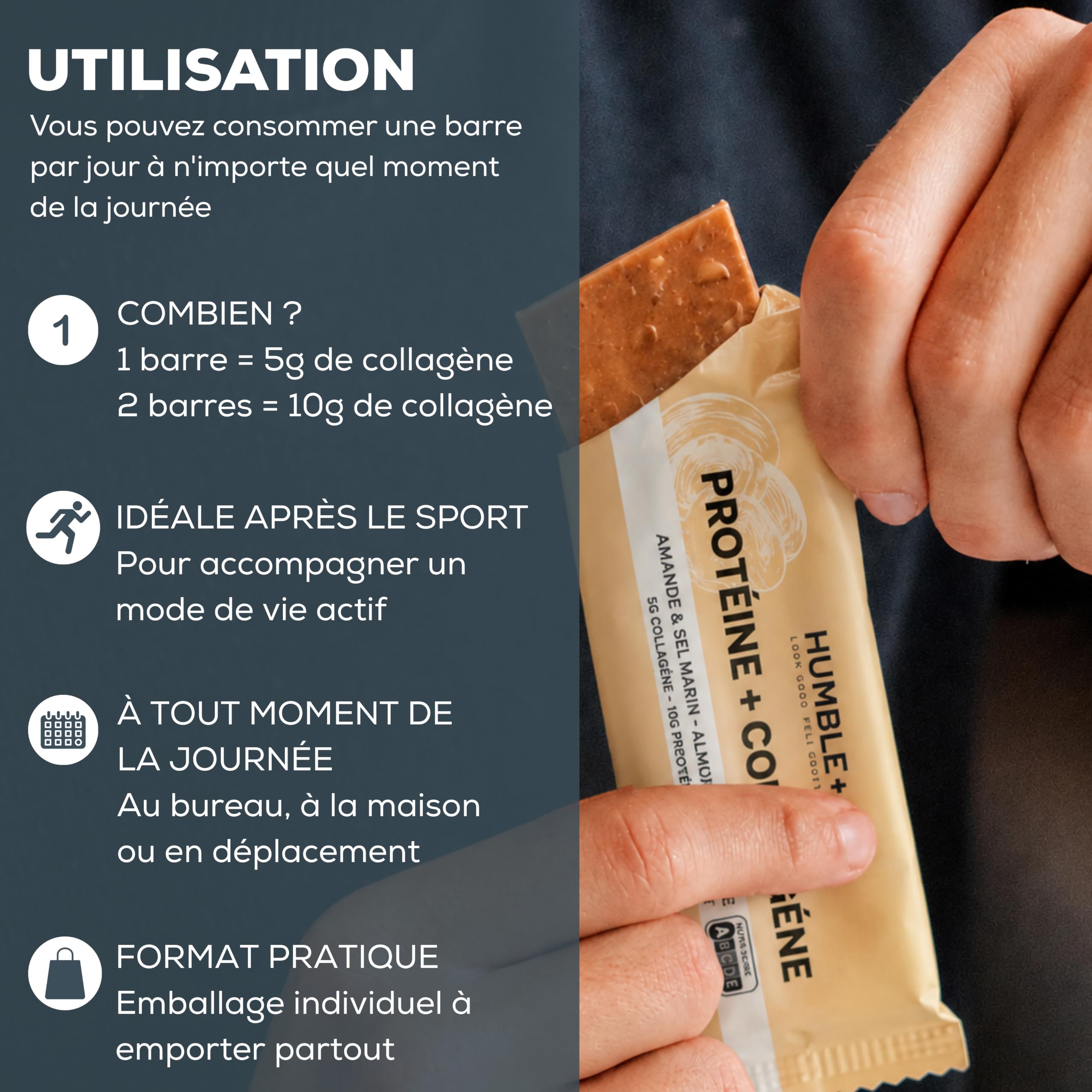 Barres Proteinées au Collagène (5g) et Protéines (12g) - Goût Amandes - Pack de 12 barres x 46g - Riche en Fibres, Sans sucre ajouté, Sans gluten, Sans huile de palme - Humble+