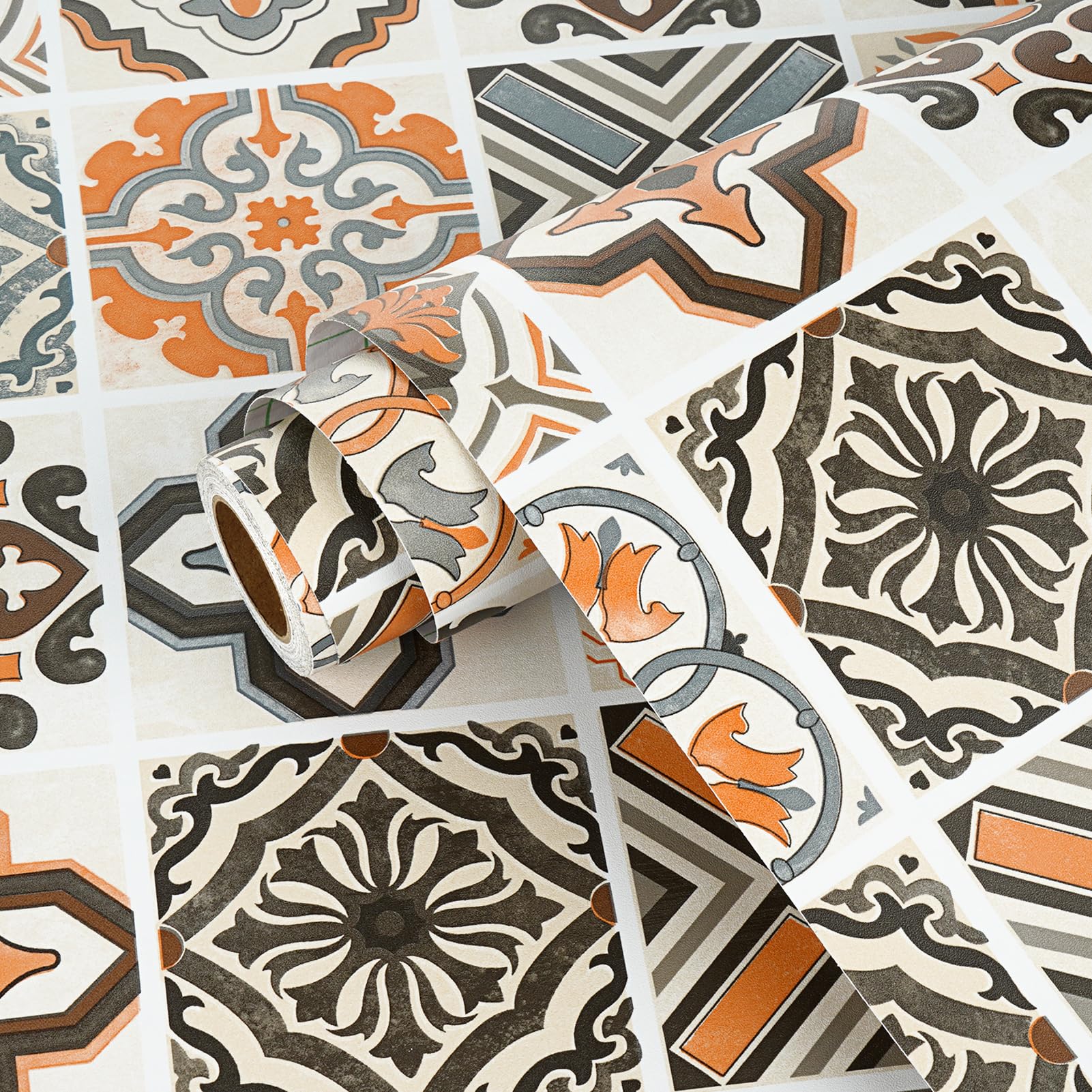 Yullpaper Vintage Wallpaper for Living Room Beige and Orange Sticky Back Plastic Patterned Boho Style Lining Paper for Walls Shabby Chic Wallpaper Beige Vinyl Wrap for Furniture Cupboards 40 x 200cm - Image 2