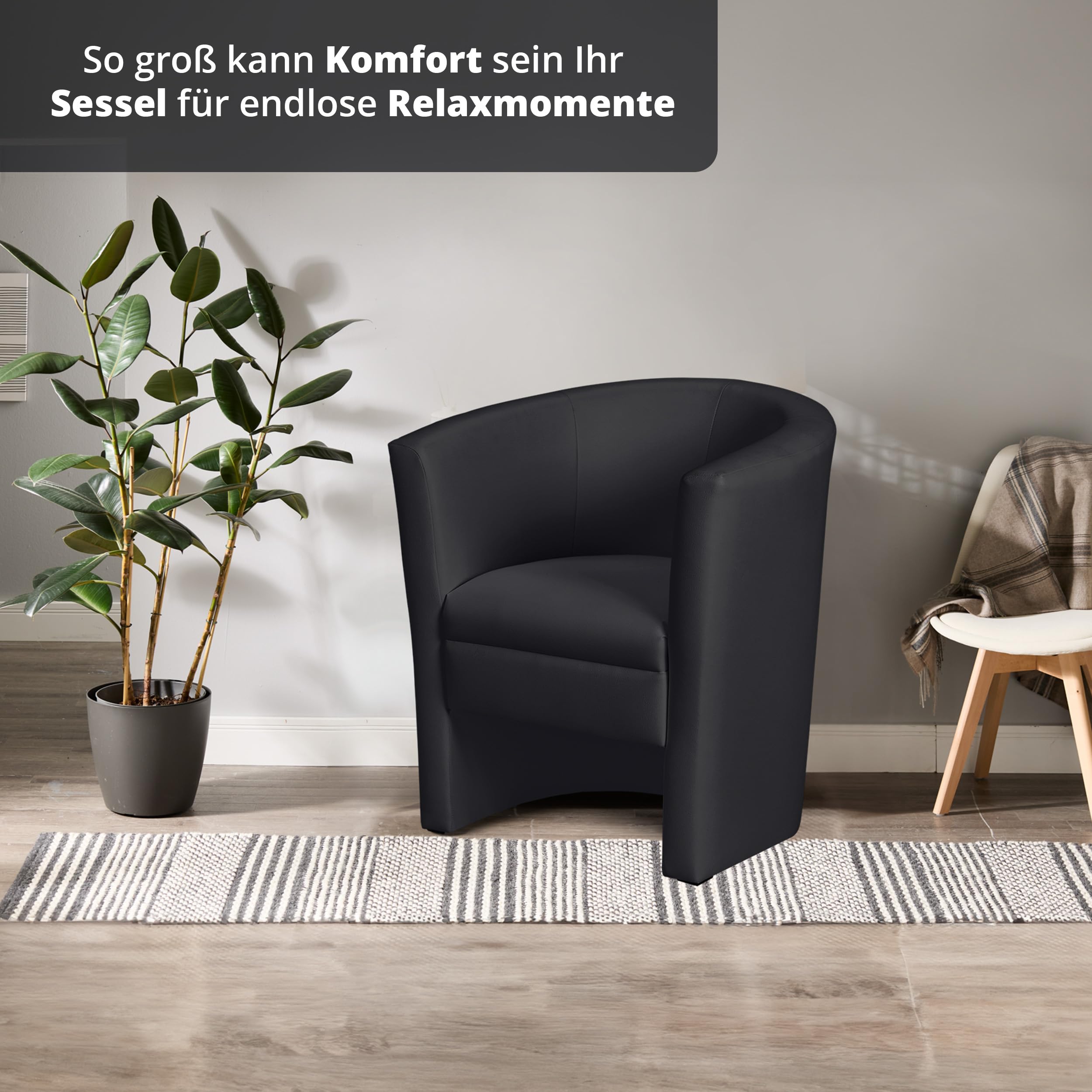 KHG Cocktailsessel Schwarz - Kunstleder, 73x78x60 cm, Sitzhöhe 42cm, Sitzbreite 46cm, Schaumpolsterung, Schlichtes & Zeitloses Design, ideal für Wohnzimmer, Leseecke, Gästezimmer, Bürosessel