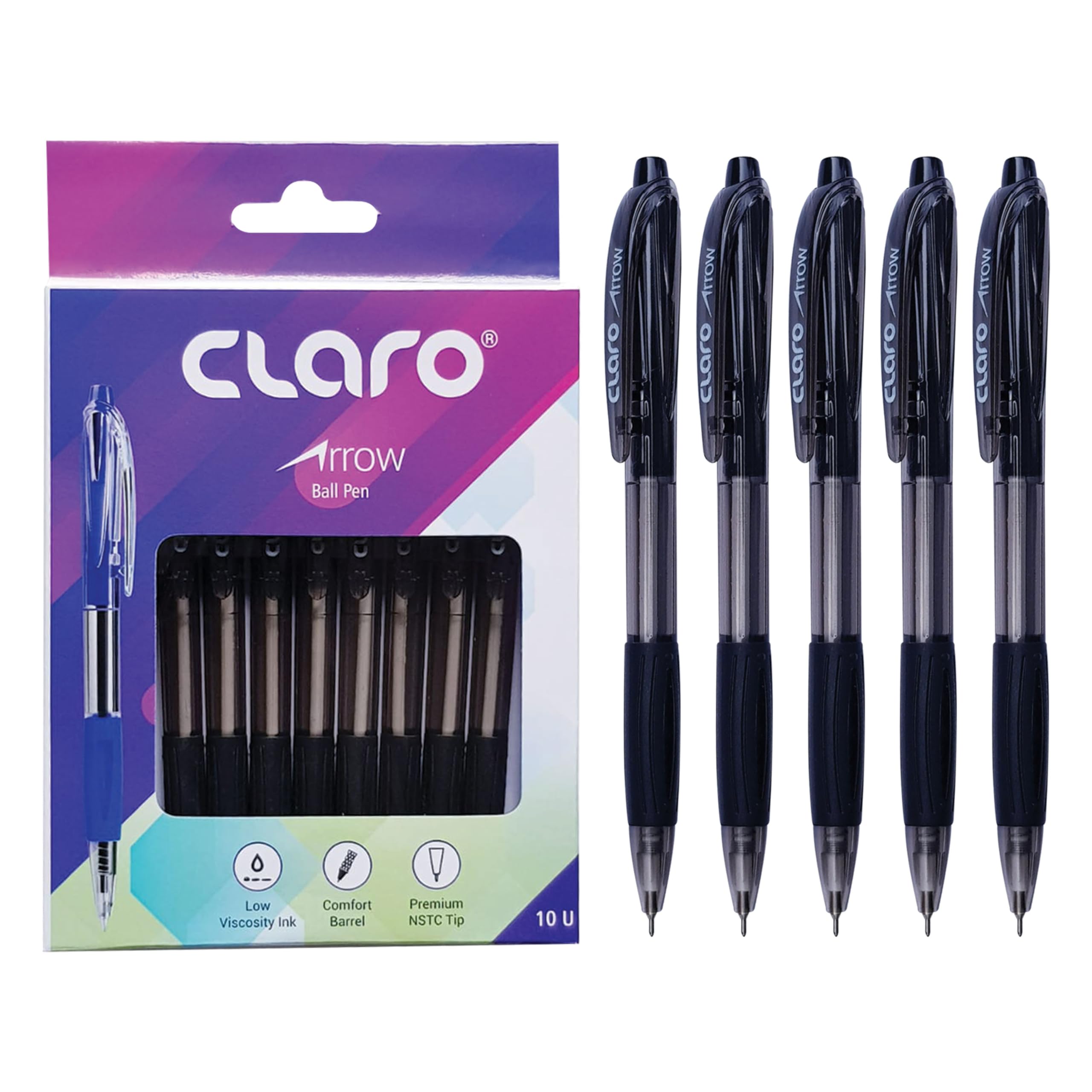 CLAROArrow Retractable Ballpoint Pens, BLACK, Fine Point (0.7mm), Pack of 10, Smooth Ball Pens, Perfect for School Office Home Everyday Use