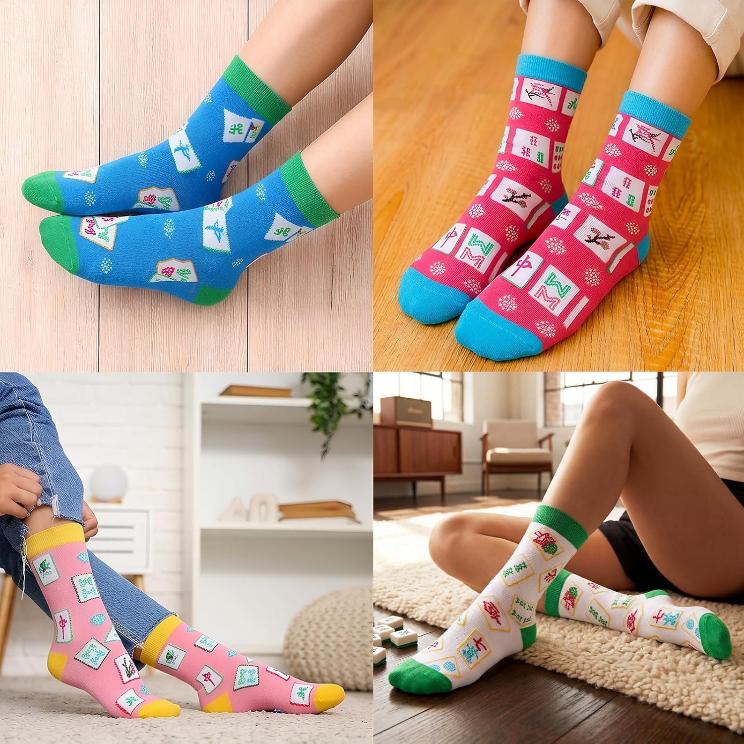 QOUBAI 4 Pairs Mahjong Socks for Women Unique Mah Jong Themed Gifts Ideas Funny Mahjong Cotton Crew Socks with Classic Patterns for Mahjong Lovers Fans Her Mom Friends Birthday Holiday Present image 2
