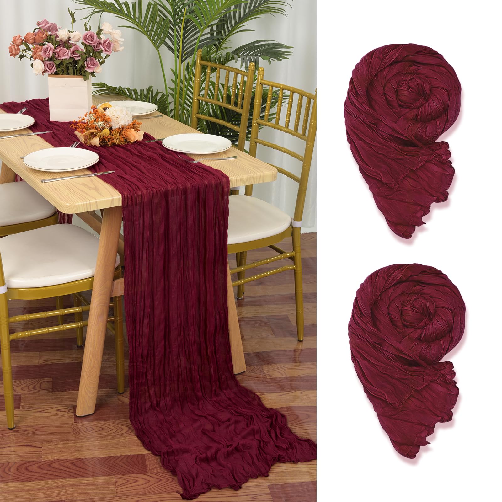 YMHPRIDE 2 Packs Cheesecloth Table Runner Burgundy, 55x300cm Rustic Gauze Fabric Boho Table Runner, Cheesecloth Wedding Table Decor for Wedding Party Bridal Shower Table Decorations