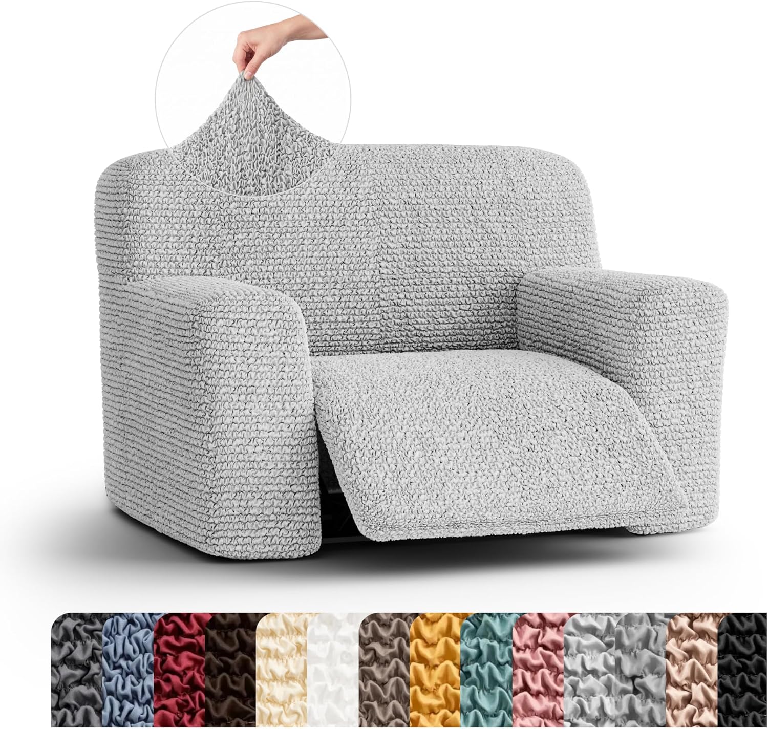 PAULATO BY GA.I.CO. Recliner Cover – Soft Form-Fit Slipcover – Stretch 1-Piece Reclining Furniture Protector – Machine Washable Hypoallergenic Fabric – Light Grey (Oversized Recliner 39"-54" Wide)