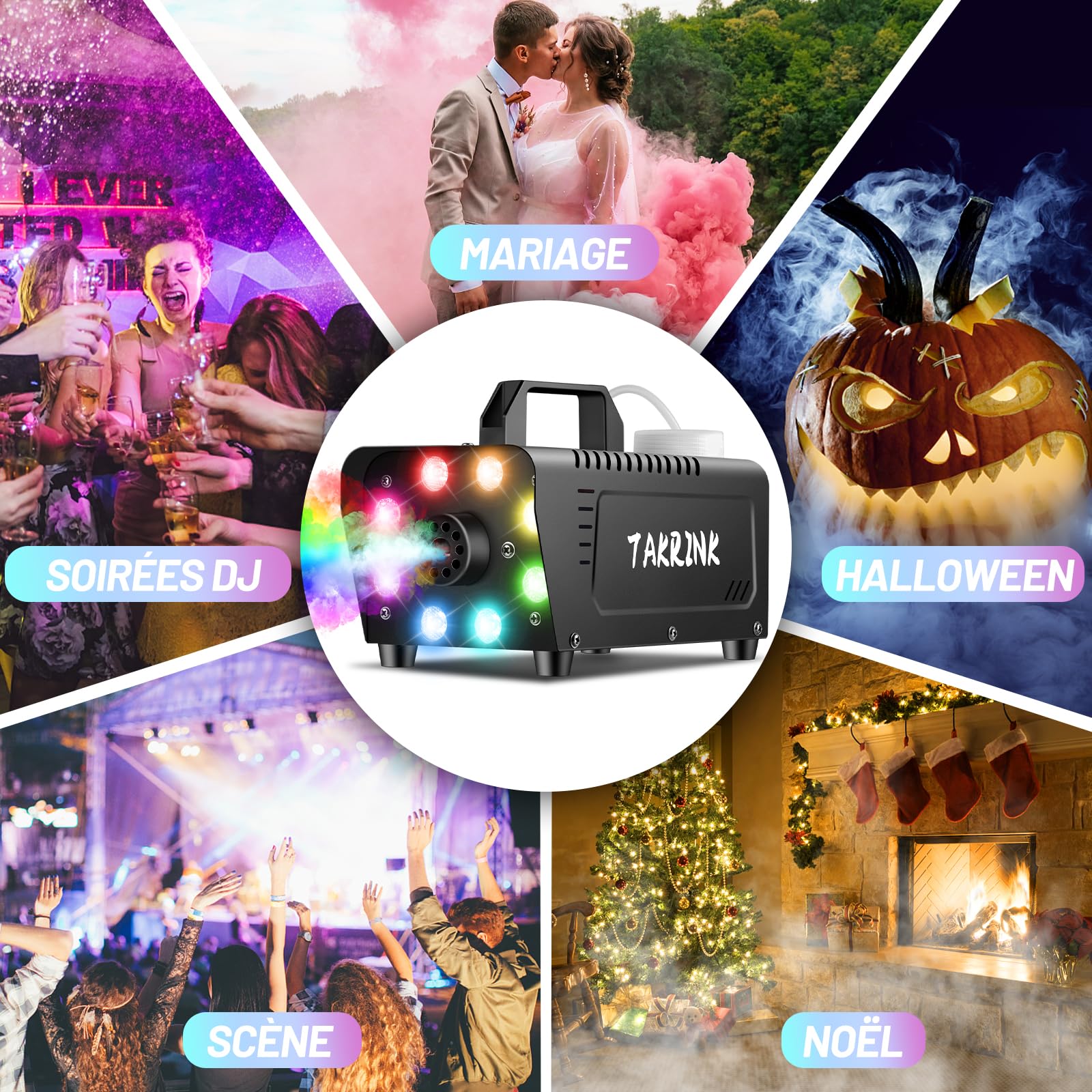 TAKRINK Machine à Fumée Télécommande 900W Machine à Brouillard Portable avec 8 LED Lumières Contrôlables en Couleur pour Halloween Noël Mariages Étapes Fêtes DJ et Spectacles