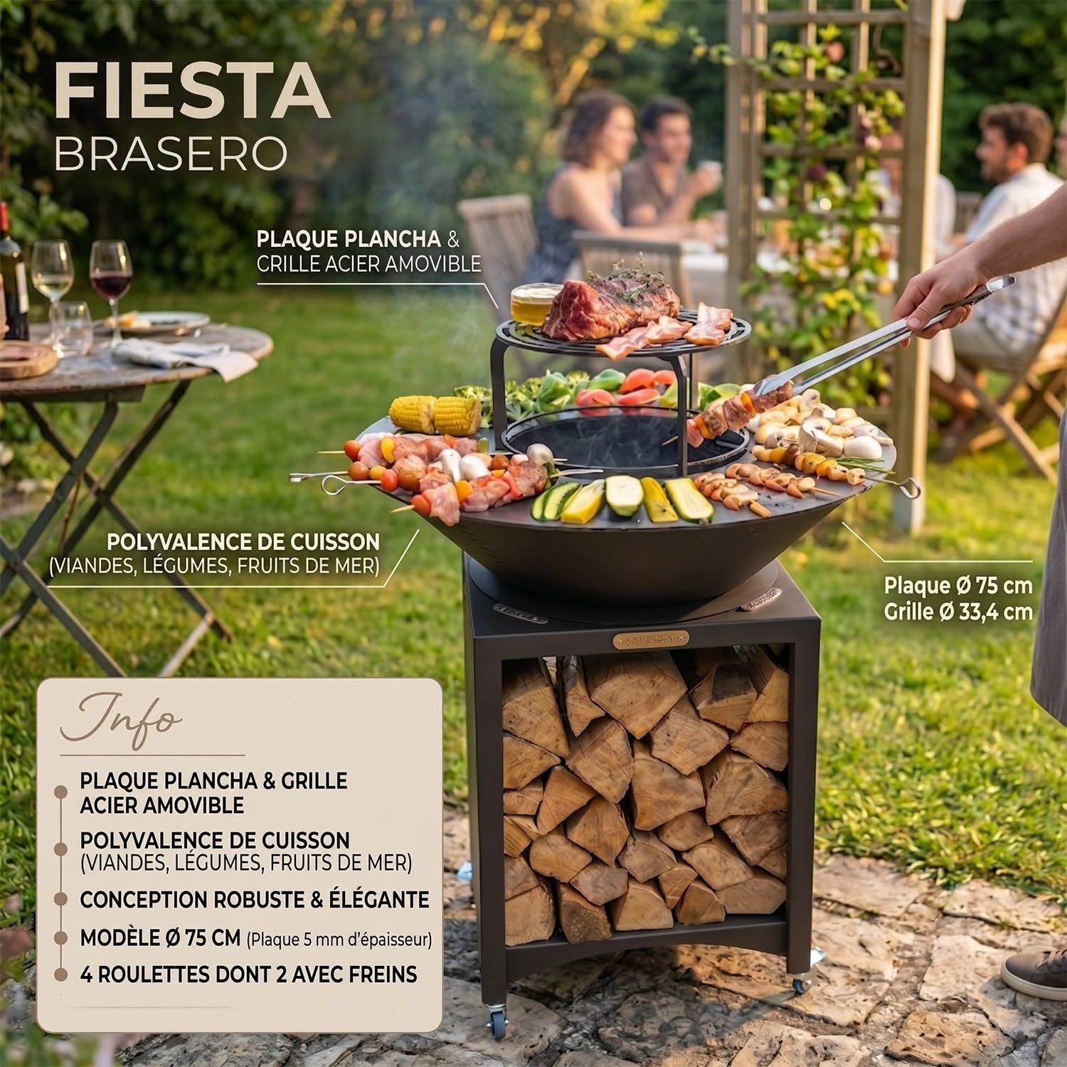 Mon Mobilier Design Fiesta Brasero Haut avec Plaque et Grille Amovible en Acier Barbecue plancha extérieur Ø 75 cm