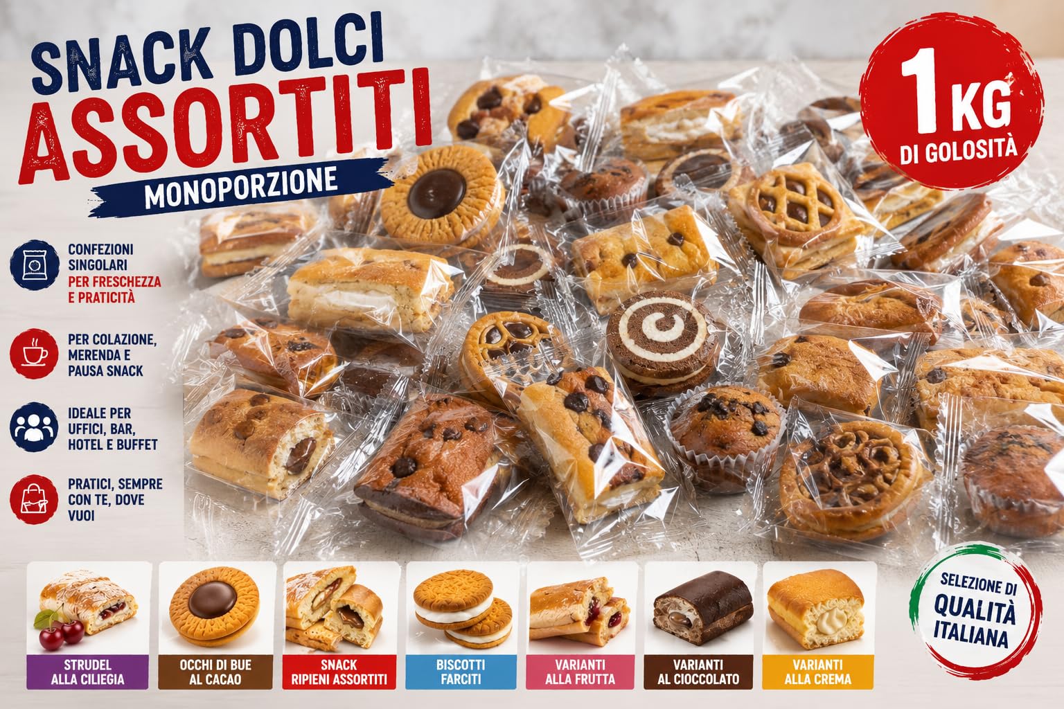 Snack Dolci Assortiti Monoporzione Mix Biscotti E Snack Ripieni Varianti 1Kg E 2Kg Assortimento Dolce Confezioni Singole Per Colazione Merenda Buffet Ufficio Hotel (1Kg Monoporzioni)