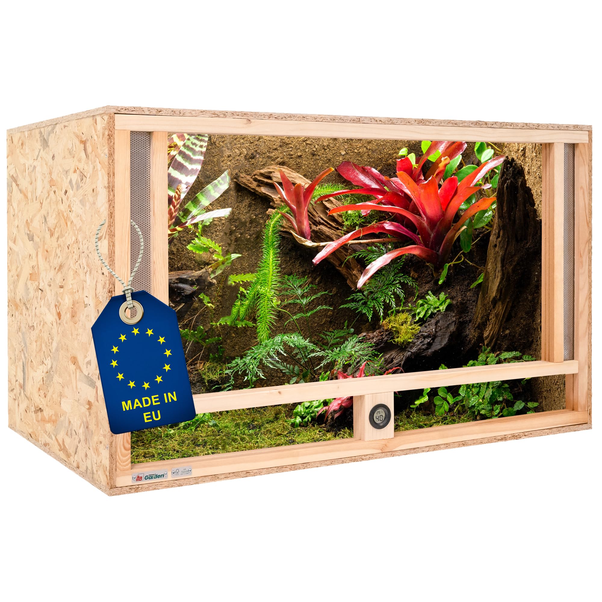 ITA Holz Terrarium 100x60x60 cm mit Frontbelüftung & Integriertem Hygrometer - Holzterrarium aus OSB-3 Platten - Terrarien für Reptilien, Schlangen, Amphibien - EU Produkt, FSC Zertifiziert