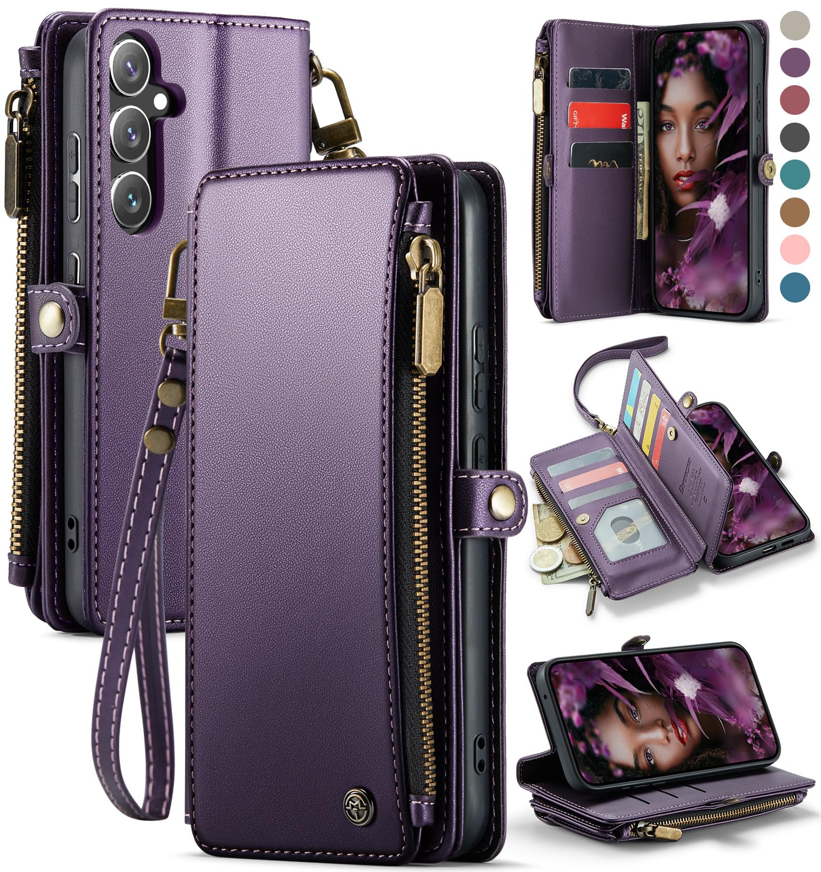 Defencase for Galaxy S25 Plus/S25+ Case Wallet with RFID Blocking Card Holder for Women Men, Elegant Leather Magnetic Snap Flip Strap Zipper Wallet