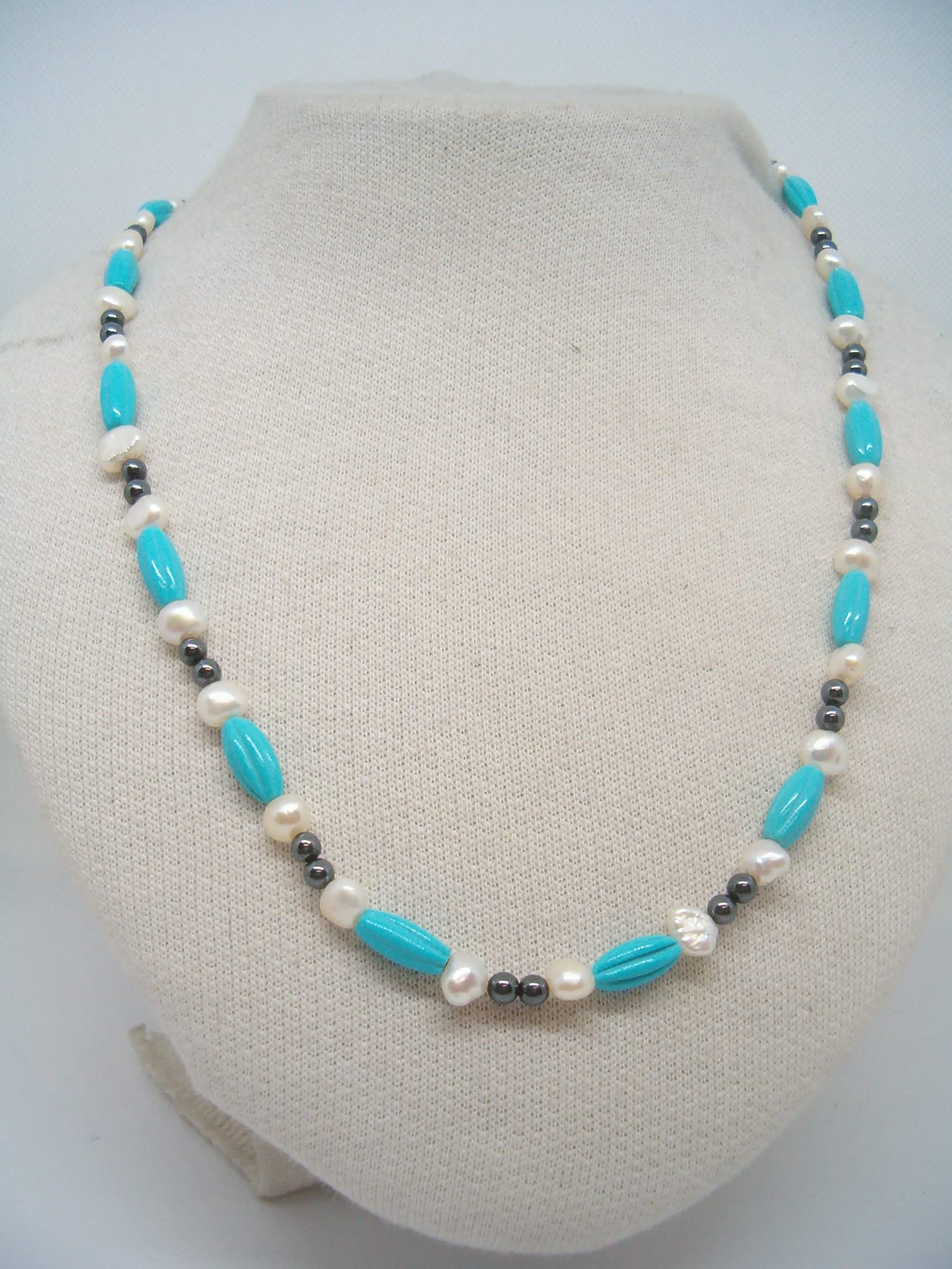 Collana in Neolite (Pasta di Turchese ricomposto), Perle e Pirite Naturali - Chiusura con Moschettone in Argento 925 - Girocollo con Pietre Dure