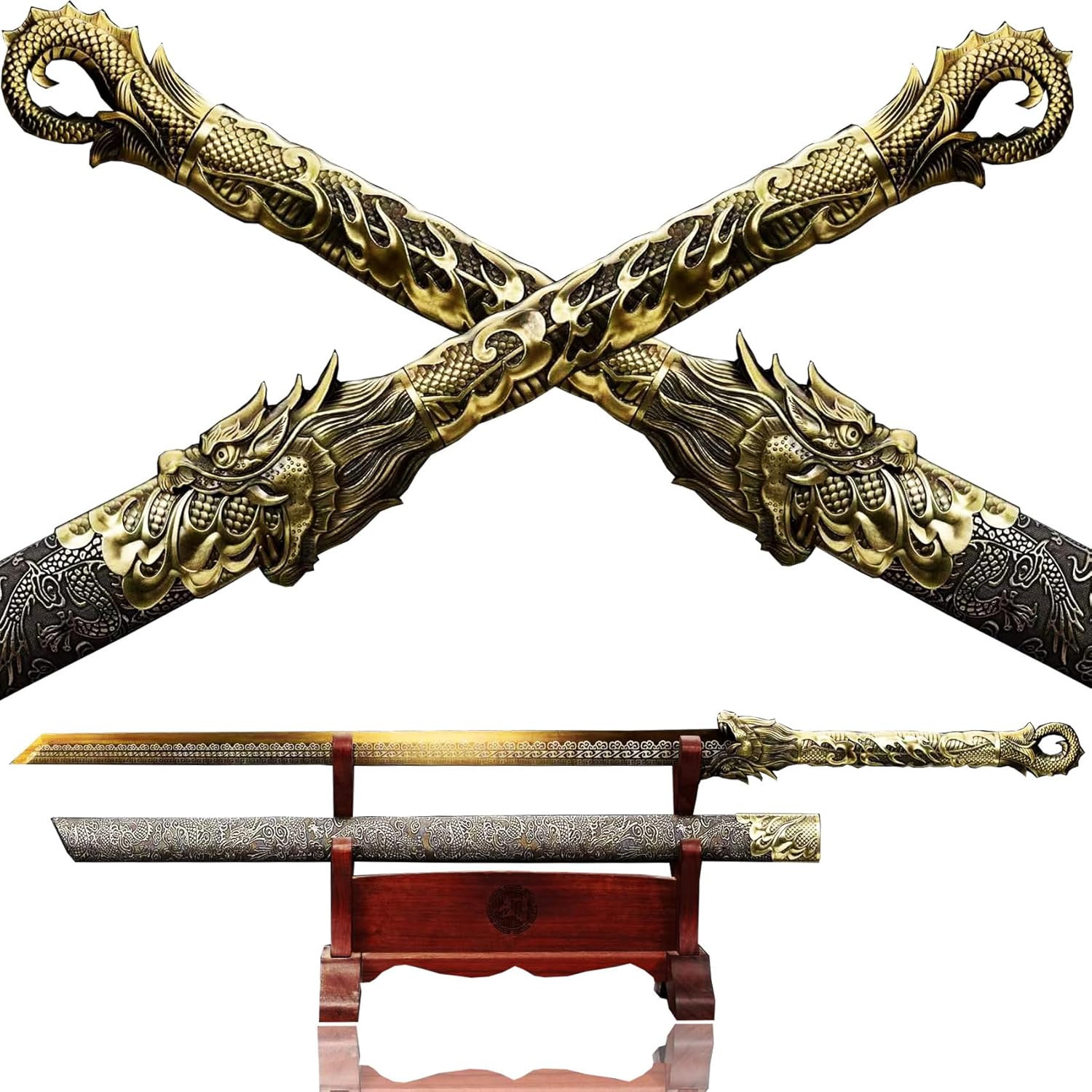 Chinese Sword Tang Dynasty Dao Carbon Steel Straight Blade Sharp Katana Dragon Pattern Sheath