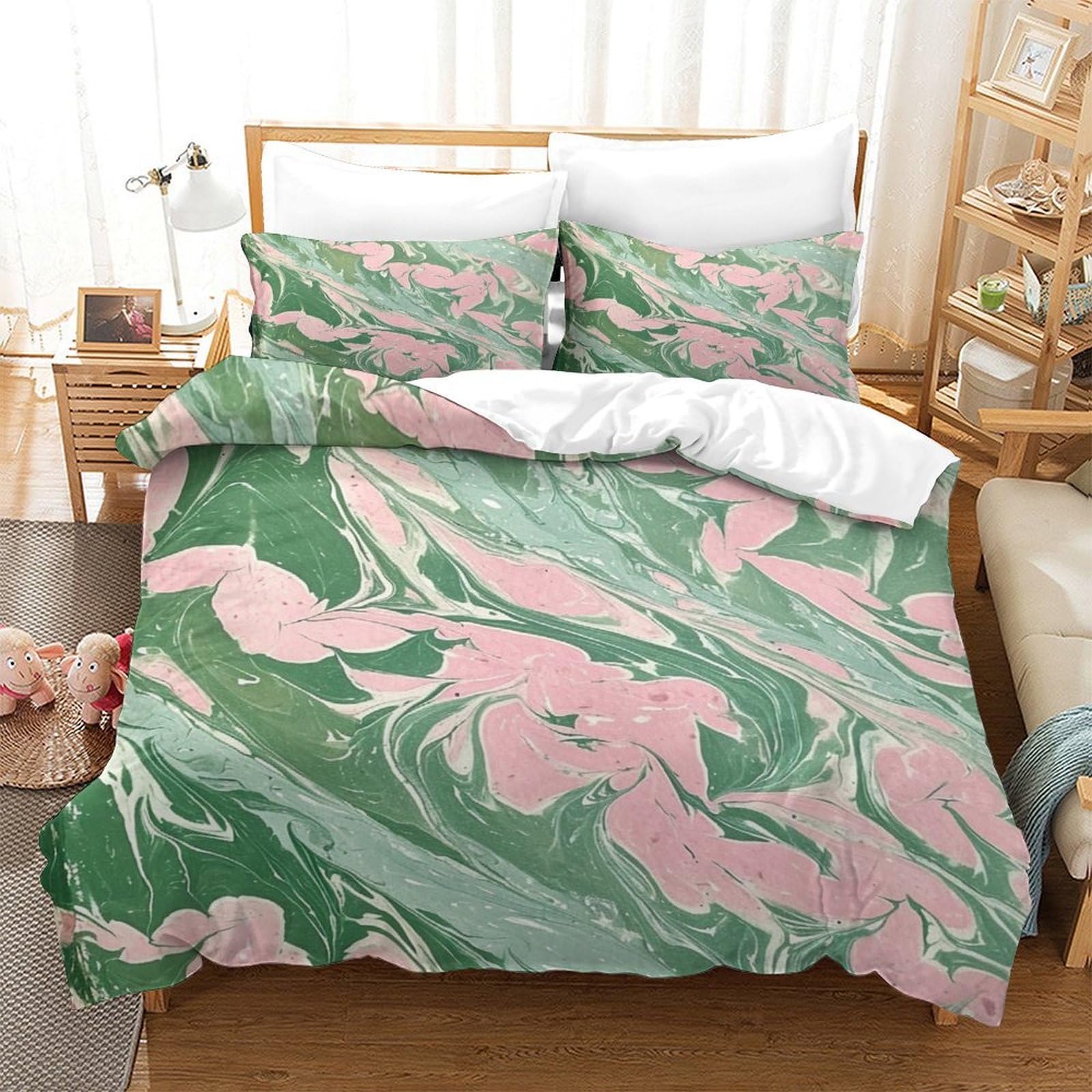 P1S9U7W5Y 3D Printed Abstract Green Pink Marble Pattern 3pcs Microfiber Duvet Cover Set Watercolor Artistic Bedding Set King（220x240cm）